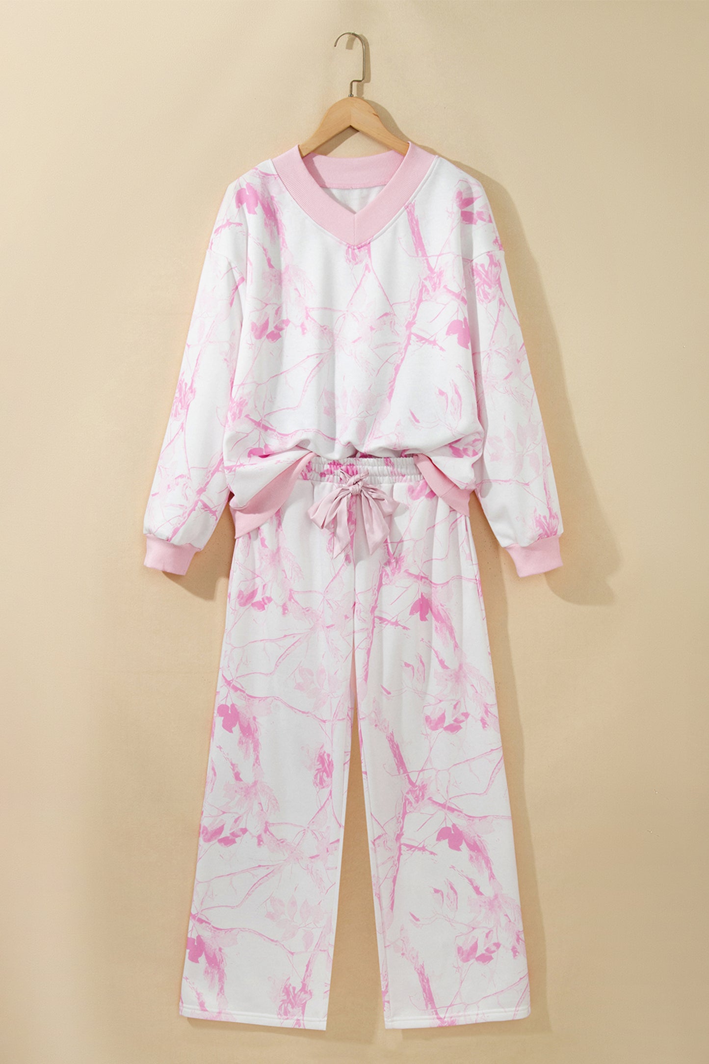 Pink Abstract Plant Print Long Sleeve V Neck Pant Set-Two Piece Sets/Pant Sets-[Adult]-[Female]-2022 Online Blue Zone Planet