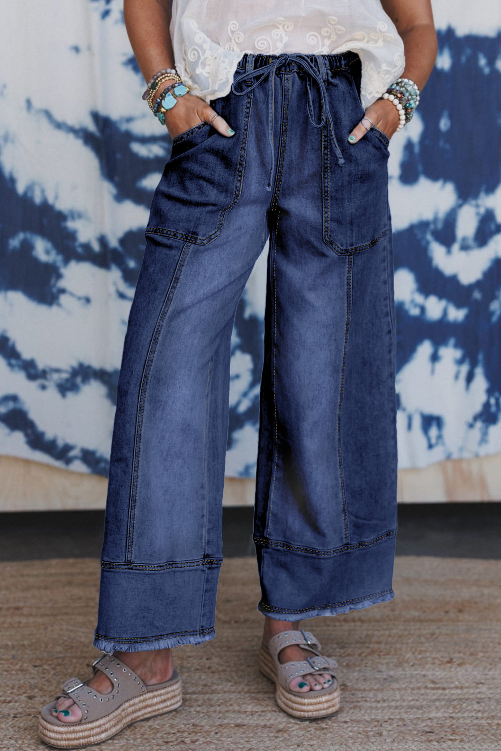 Prussian Blue Drawstring Seam Detail Raw Hem Wide Leg Denim Pants-Bottoms/Jeans-[Adult]-[Female]-Prussian Blue-4-2022 Online Blue Zone Planet