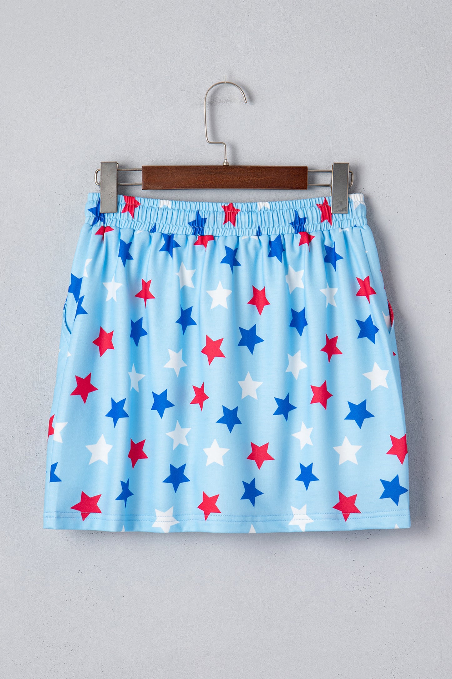 Sky Blue Patriotic Star Printed Beaded Drawstring Mini Skort-Bottoms/Casual Shorts-[Adult]-[Female]-2022 Online Blue Zone Planet