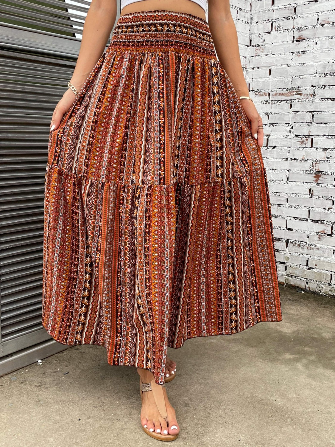 Printed Elastic Waist Maxi Skirt-BOTTOMS SIZES SMALL MEDIUM LARGE-[Adult]-[Female]-Caramel-S-2022 Online Blue Zone Planet