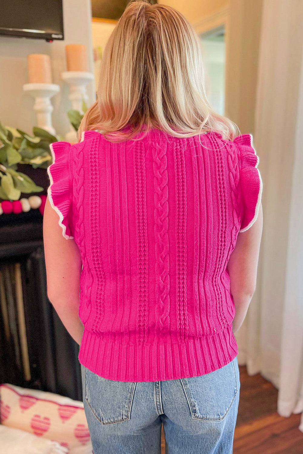 Strawberry Pink Textured Knit Ruffled Mock Neck Sweater Tank-Sweaters & Cardigans/Sweater Vests-[Adult]-[Female]-2022 Online Blue Zone Planet