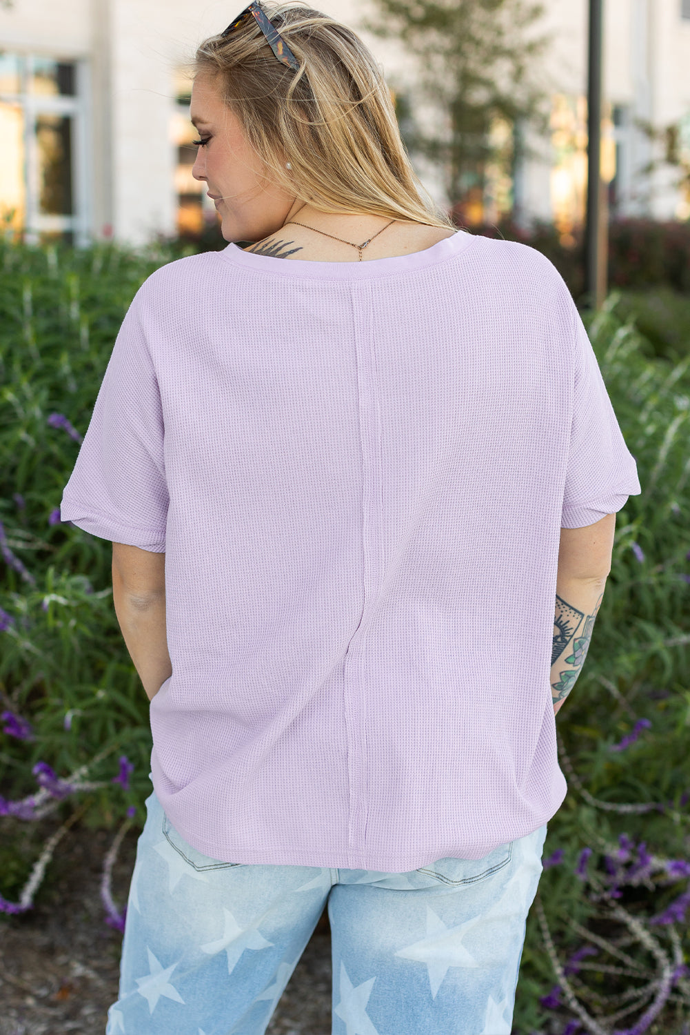 Orchid Petal Waffle Knit Short Sleeve Patched Pocket Plus Size Top-Plus Size/Plus Size Tops/Plus Size Tops & Tees-[Adult]-[Female]-2022 Online Blue Zone Planet