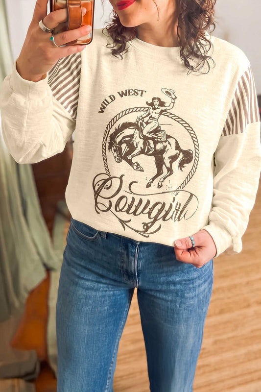 Jet Stream Western Print Striped Detail Long Sleeve Casual Top-Tops/Long Sleeve Tops-[Adult]-[Female]-2022 Online Blue Zone Planet