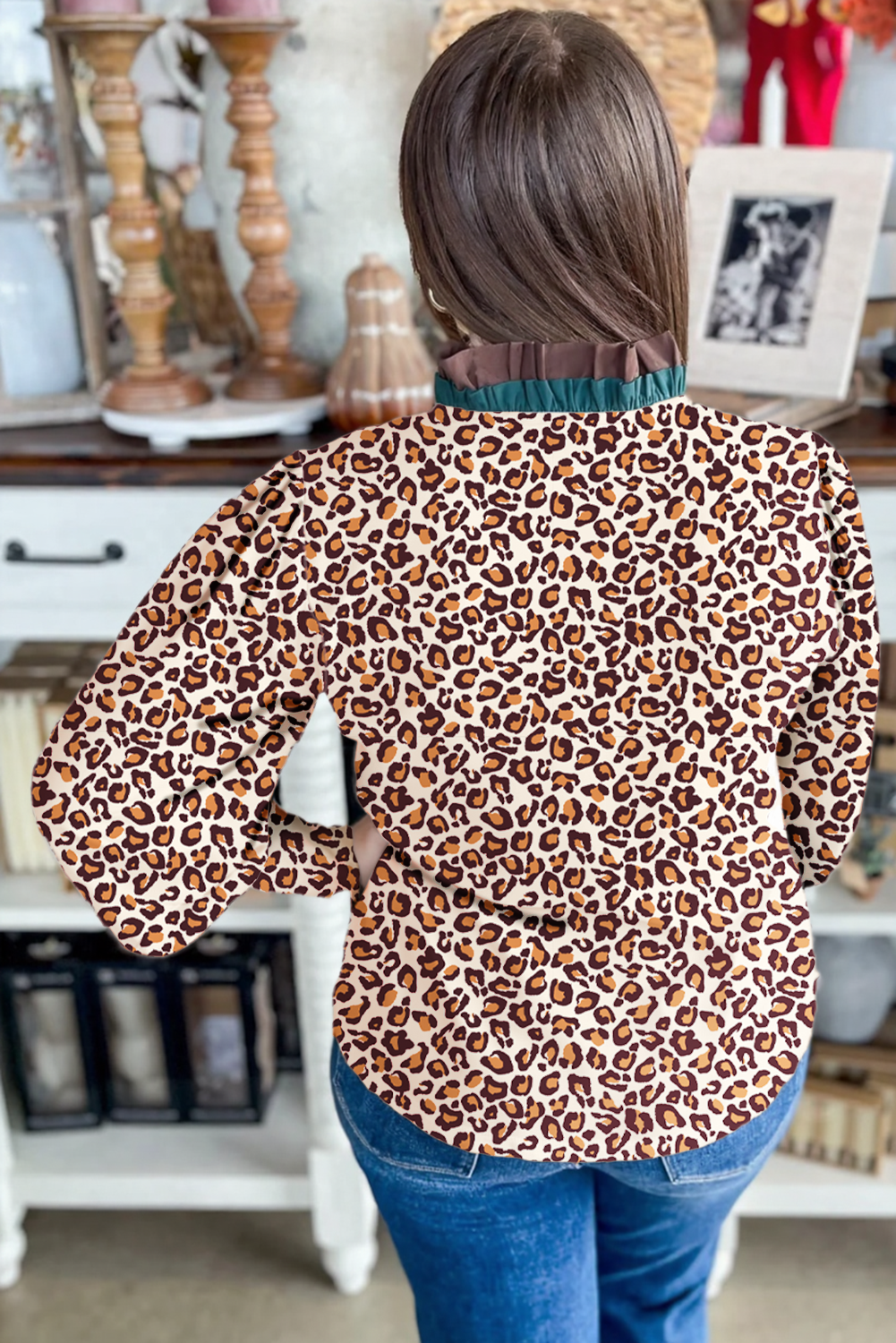 Brown Leopard Print Contrast Frilled Trim Button Down V Neck Shirt-Tops/Blouses & Shirts-[Adult]-[Female]-2022 Online Blue Zone Planet