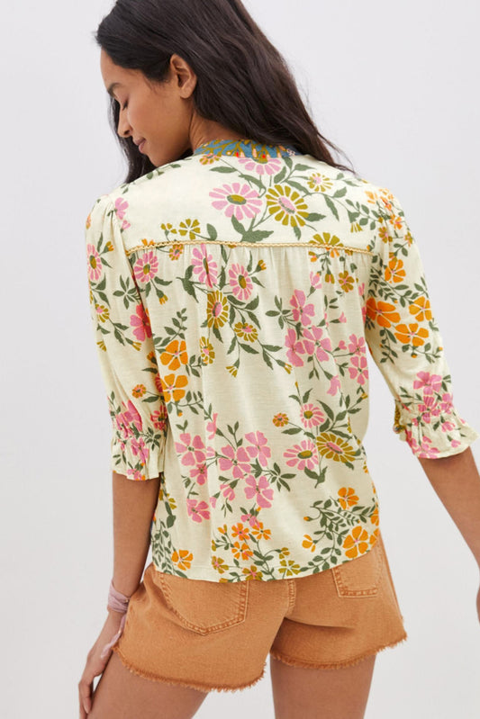 Multicolour Crochet V Neck Half Sleeve Boho Floral Blouse-Tops/Blouses & Shirts-[Adult]-[Female]-2022 Online Blue Zone Planet