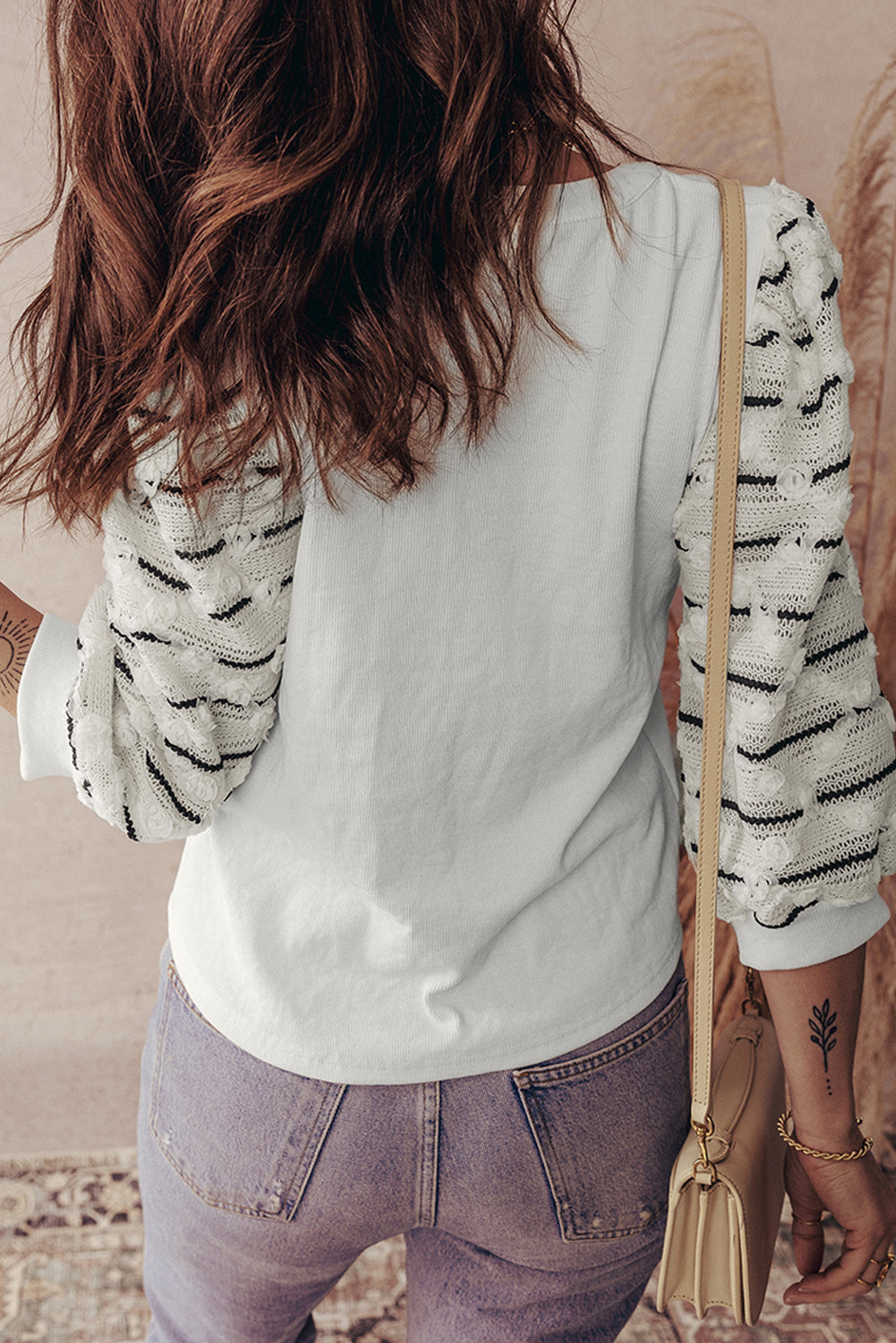 White Button Placket 3/4 Striped Sleeve Patchwork Rib Knit Top-Tops/Long Sleeve Tops-[Adult]-[Female]-2022 Online Blue Zone Planet