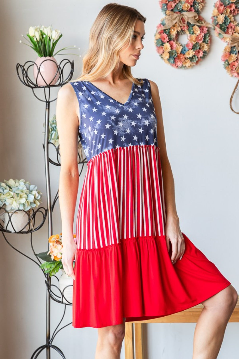 Heimish Full Size US Flag Theme Contrast Tank Dress BLUE ZONE PLANET