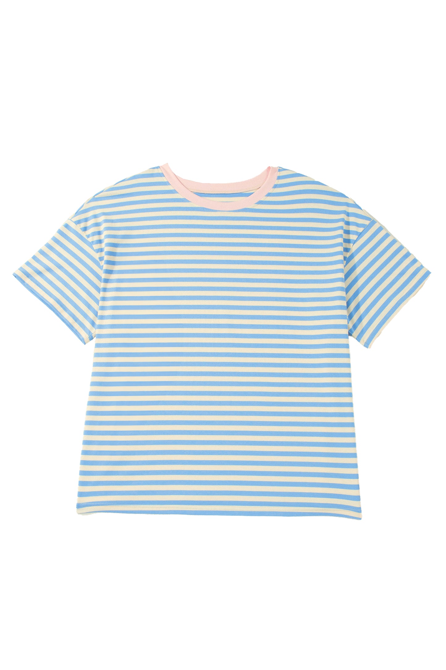 Sky Blue Stripe Plus Size Drop Shoulder Contrast Trim Round Neck Tee-Plus Size/Plus Size Tops/Plus Size Tops & Tees-[Adult]-[Female]-2022 Online Blue Zone Planet