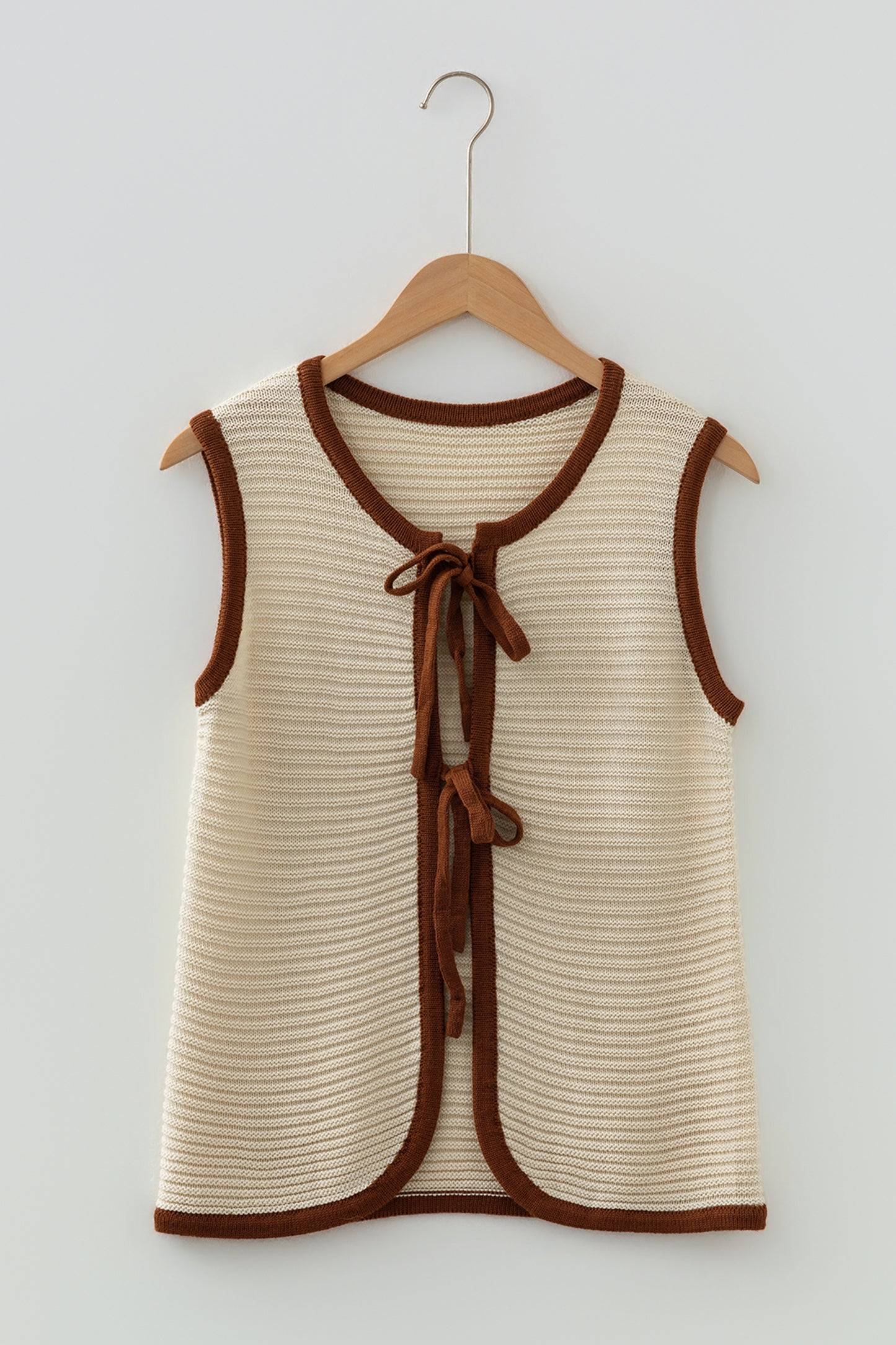 White Horizontal Ribbed Knit Contrast Trim Ties Front Sweater Vest-TOPS / DRESSES-[Adult]-[Female]-2022 Online Blue Zone Planet