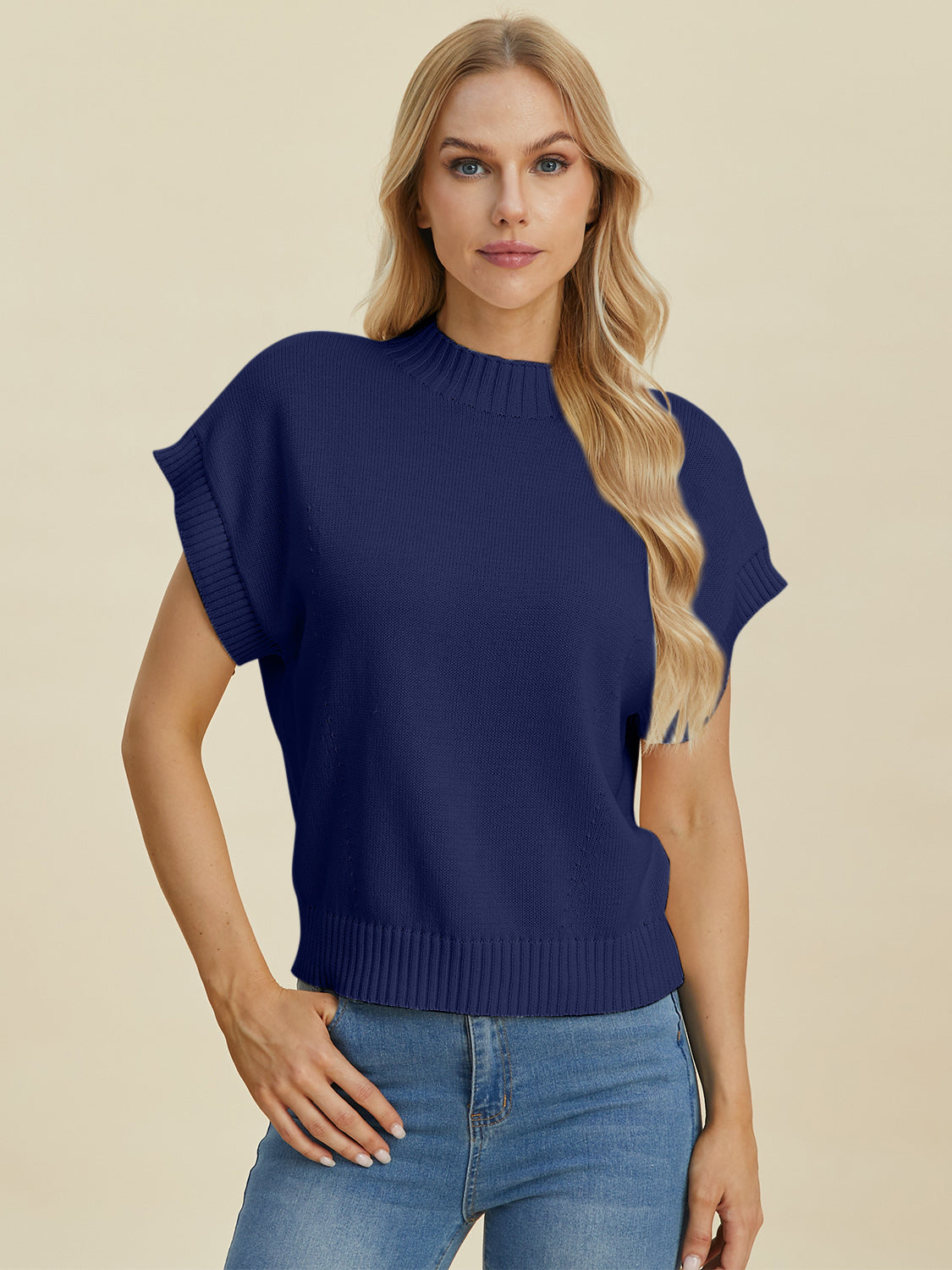 Double Take Full Size Mock Neck Short Sleeve Sweater-TOPS / DRESSES-[Adult]-[Female]-2022 Online Blue Zone Planet