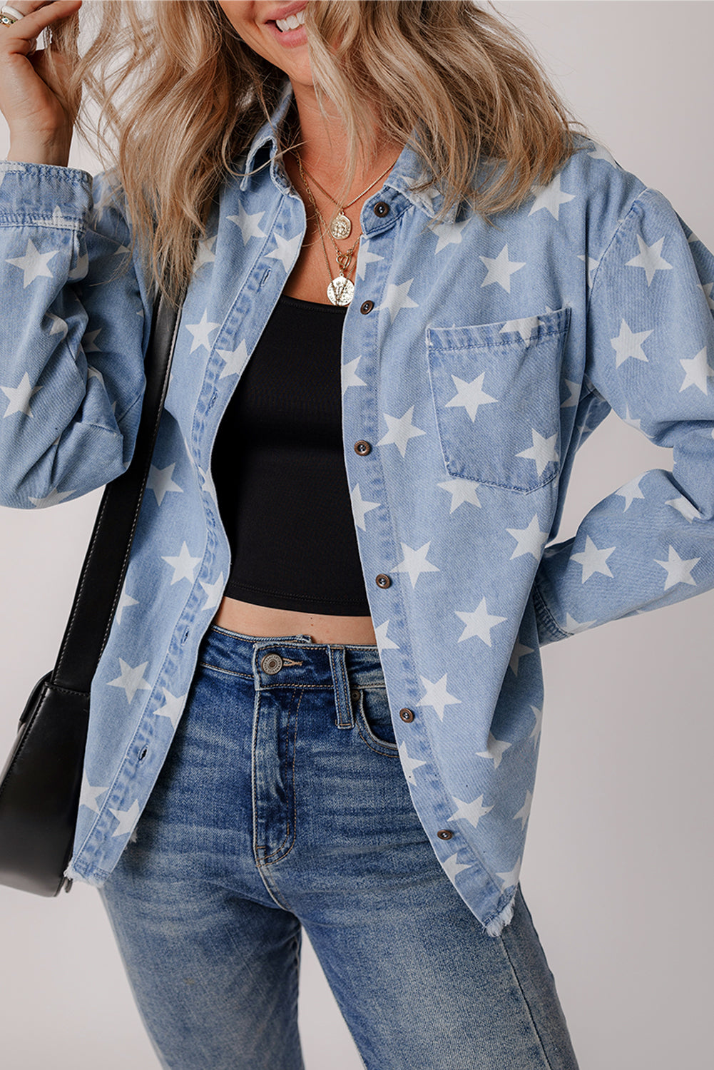 Blue Zone Planet | Sky Blue Star Print Light Wash Raw Hem Denim Jacket-Outerwear/Denim jackets-[Adult]-[Female]-2022 Online Blue Zone Planet