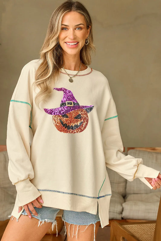 Contrast Stitching Sequin Pumpkin Round Neck Long Sleeve Sweatshirt-TOPS / DRESSES-[Adult]-[Female]-Ivory-S-2022 Online Blue Zone Planet