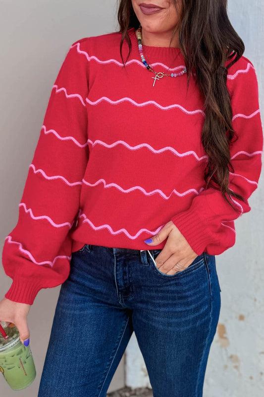 Red Stripe Striped Round Neck Long Sleeve Shift Pullover Sweater-Sweaters & Cardigans/Sweaters-[Adult]-[Female]-Red Stripe-S-2022 Online Blue Zone Planet