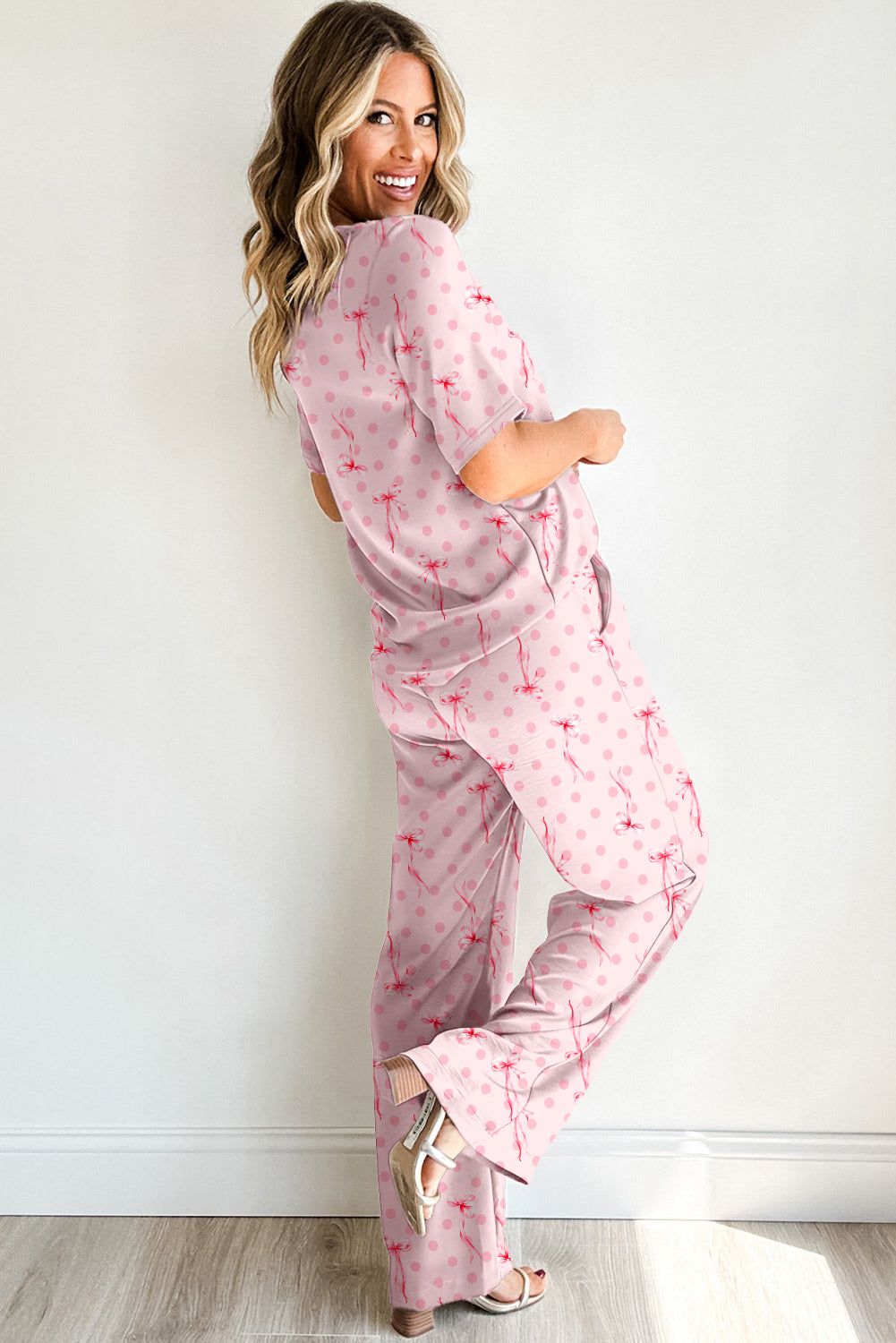 Pink Bow Knot Polka Dot Print Short Sleeve Top Lounge Set-Loungewear & Sleepwear/Loungewear-[Adult]-[Female]-2022 Online Blue Zone Planet