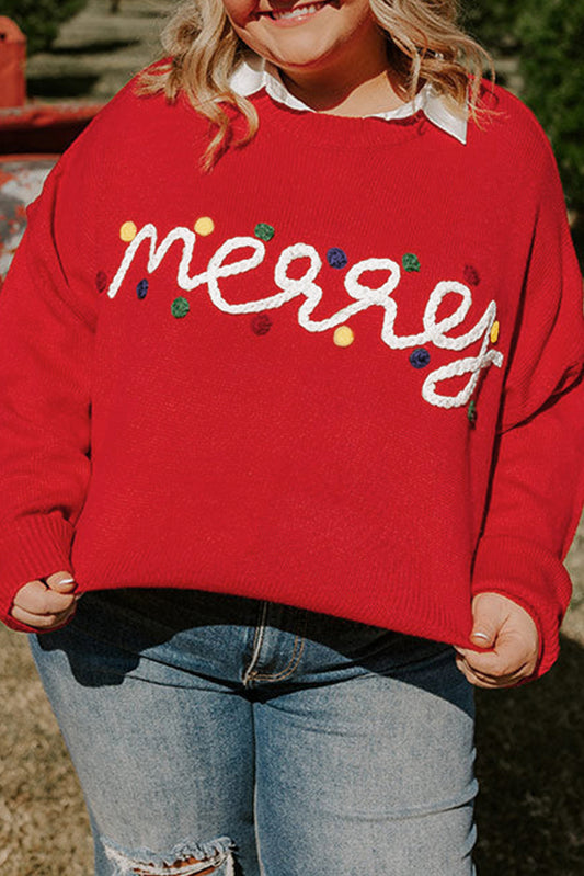 Fiery Red Merry Graphic Christmas Plus Size Sweater-Plus Size/Plus Size Sweaters & Cardigans-[Adult]-[Female]-Fiery Red-1X-2022 Online Blue Zone Planet