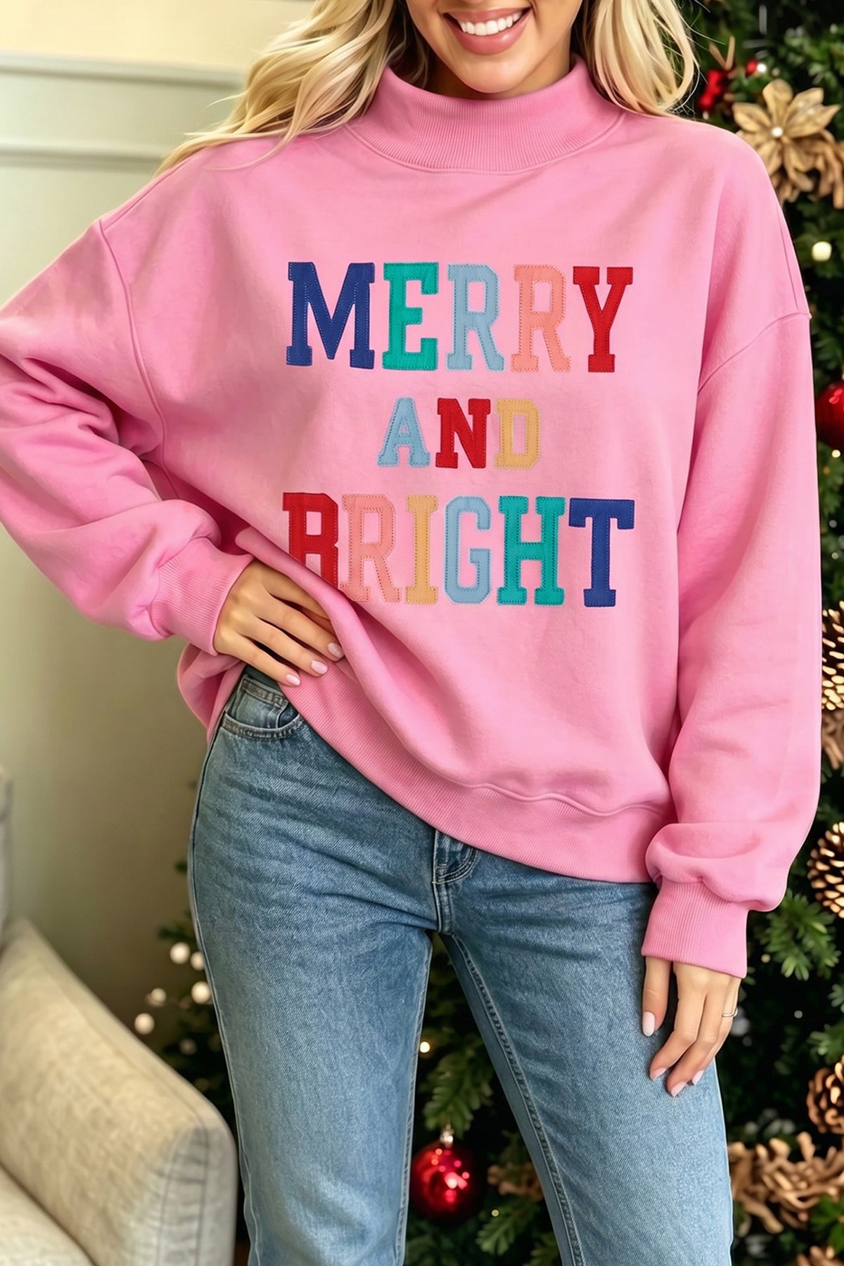 White MERRY AND BRIGHT Stitched Letter Pattern Mock Neck Sweatshirt