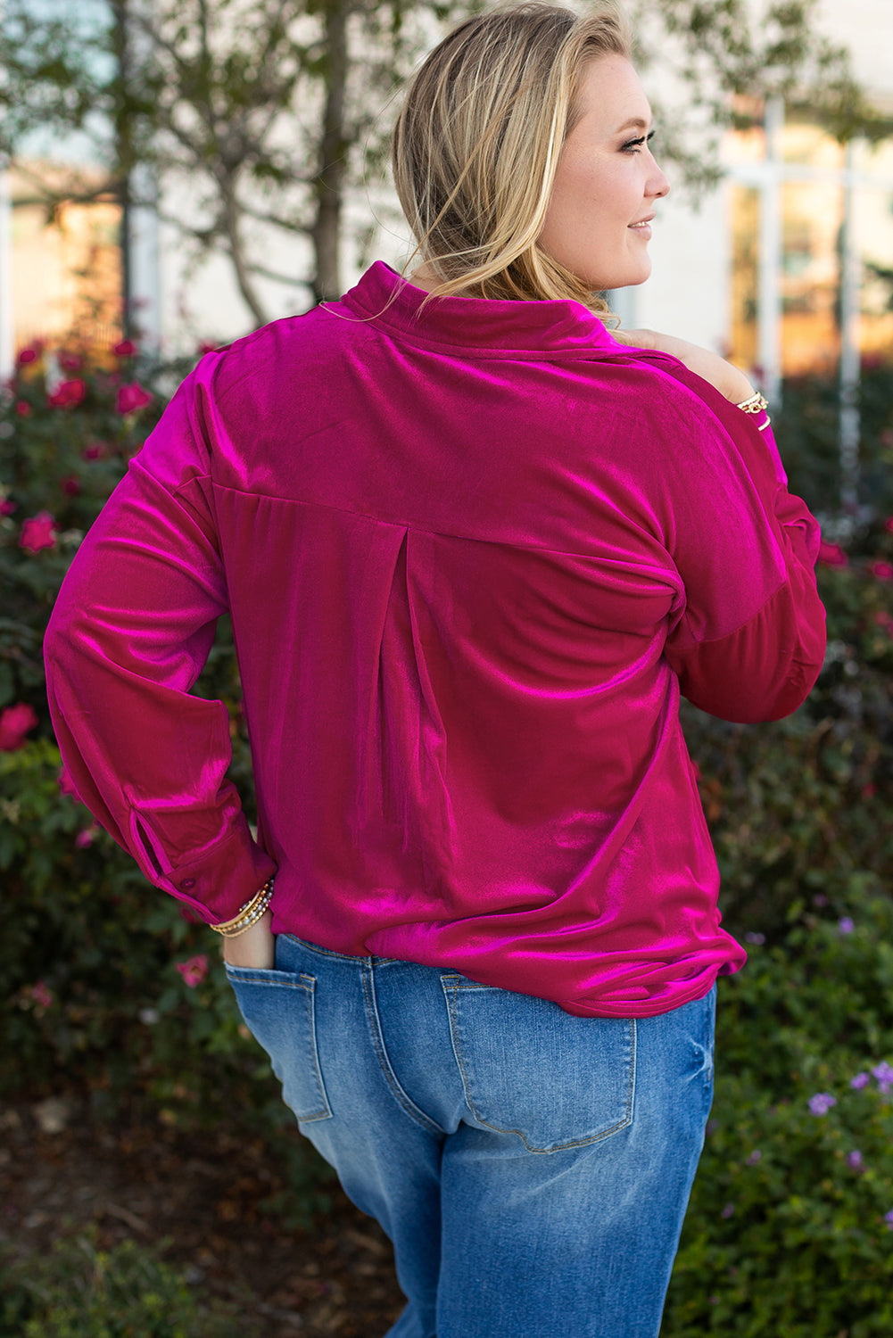 Blue Zone Planet | Chestnut Plus Size Velvet Chest Pocket Drop Shoulder Shirt-Plus Size/Plus Size Tops/Plus Size Blouses & Shirts-[Adult]-[Female]-2022 Online Blue Zone Planet