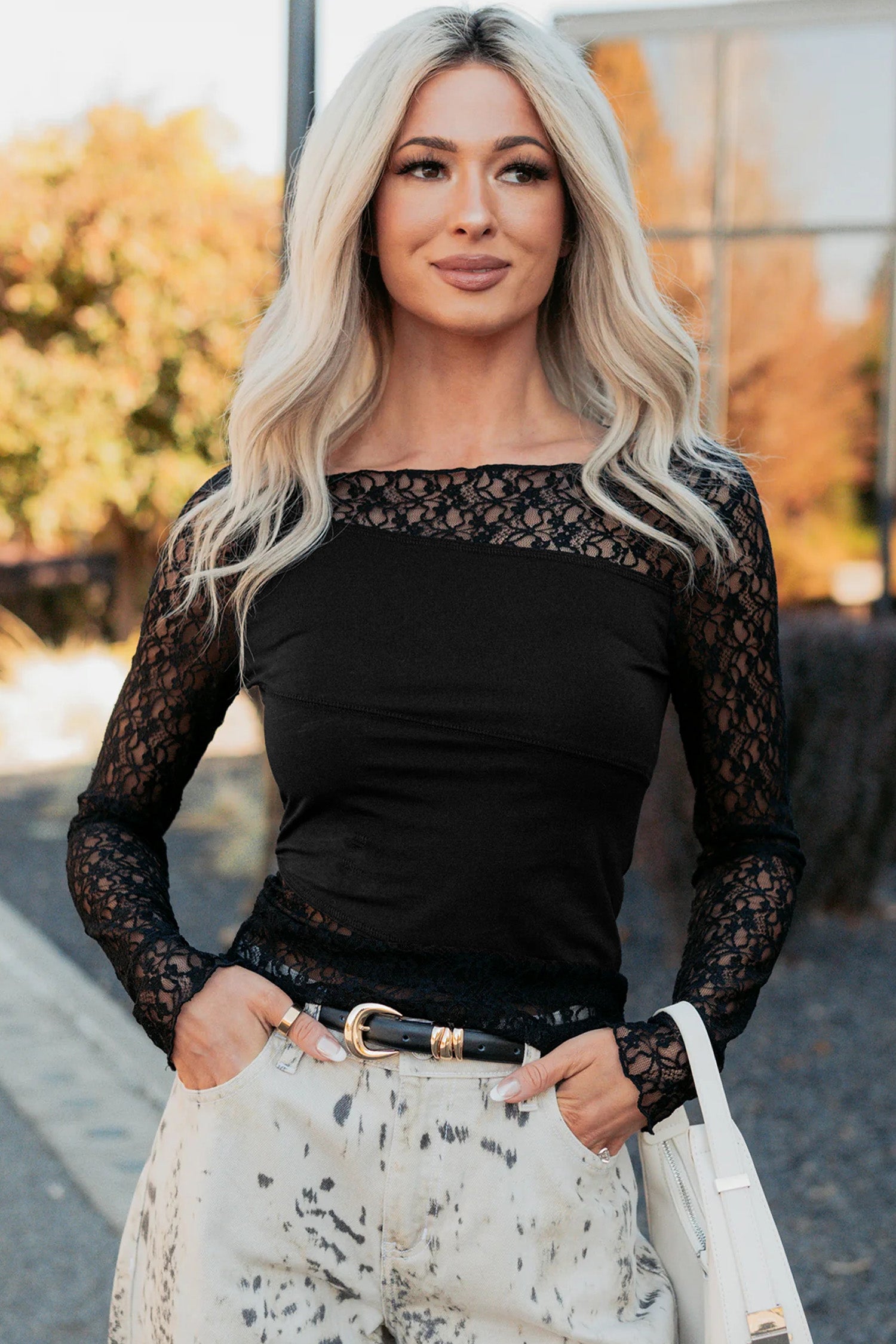 Black Asymmetric Panels Sheer Floral Lace Patchwork Long Sleeve Top-Tops/Long Sleeve Tops-[Adult]-[Female]-2022 Online Blue Zone Planet