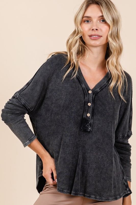 Blue Zone Planet | Mittoshop Washed V-Neck Long Sleeve Blouse-TOPS / DRESSES-[Adult]-[Female]-Charcoal-S-2022 Online Blue Zone Planet