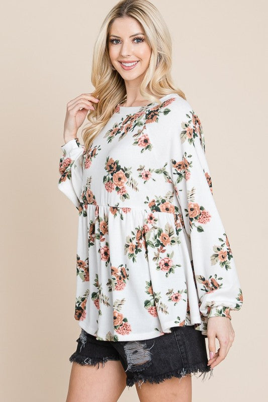 Super Lady Full Size Babydoll Floral Boat Neck Long Sleeve Blouse-TOPS / DRESSES-[Adult]-[Female]-2022 Online Blue Zone Planet