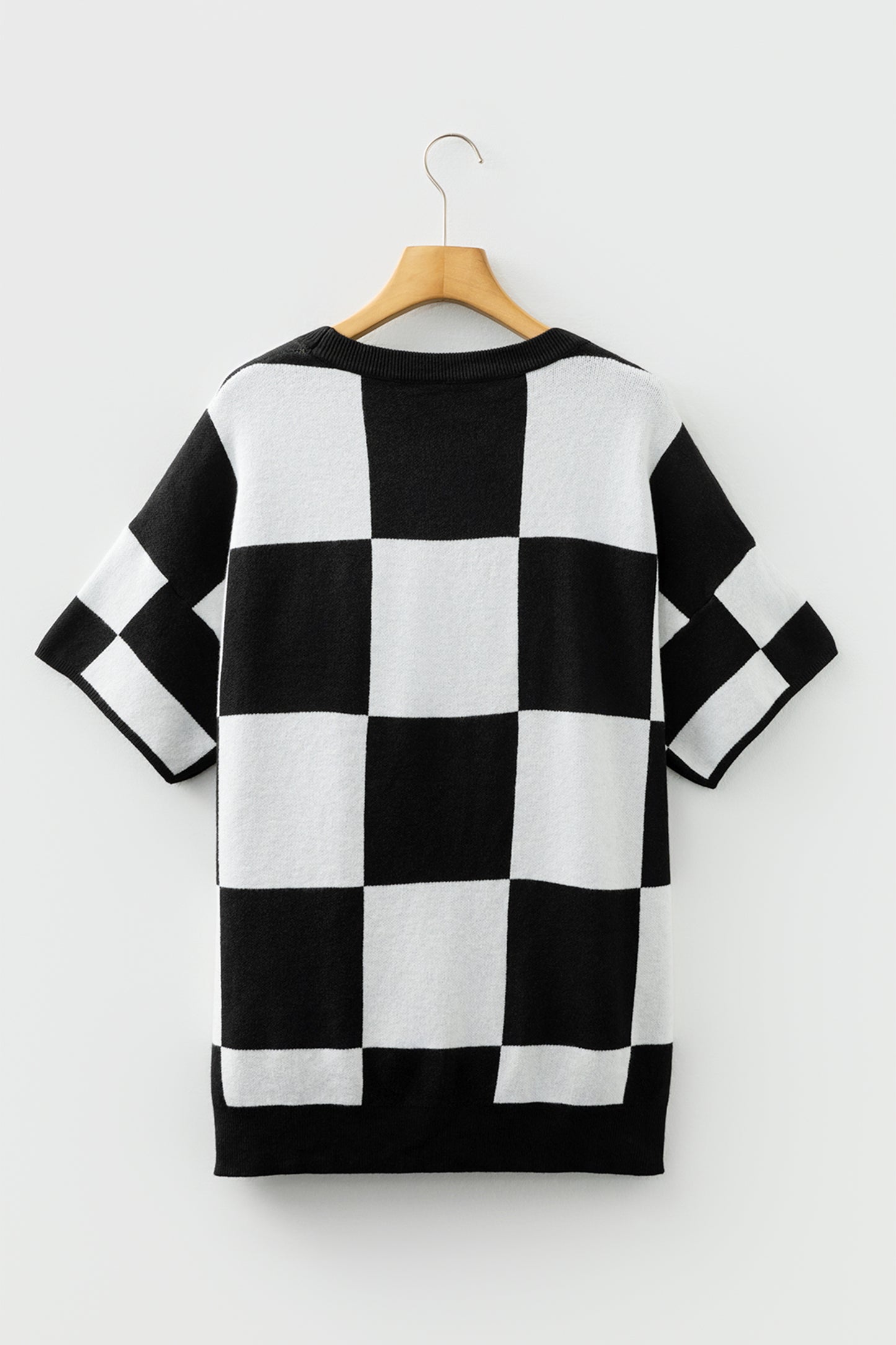 Black Checkered Pattern Loose Drop Shoulder Half Sleeve Sweater-TOPS / DRESSES-[Adult]-[Female]-2022 Online Blue Zone Planet