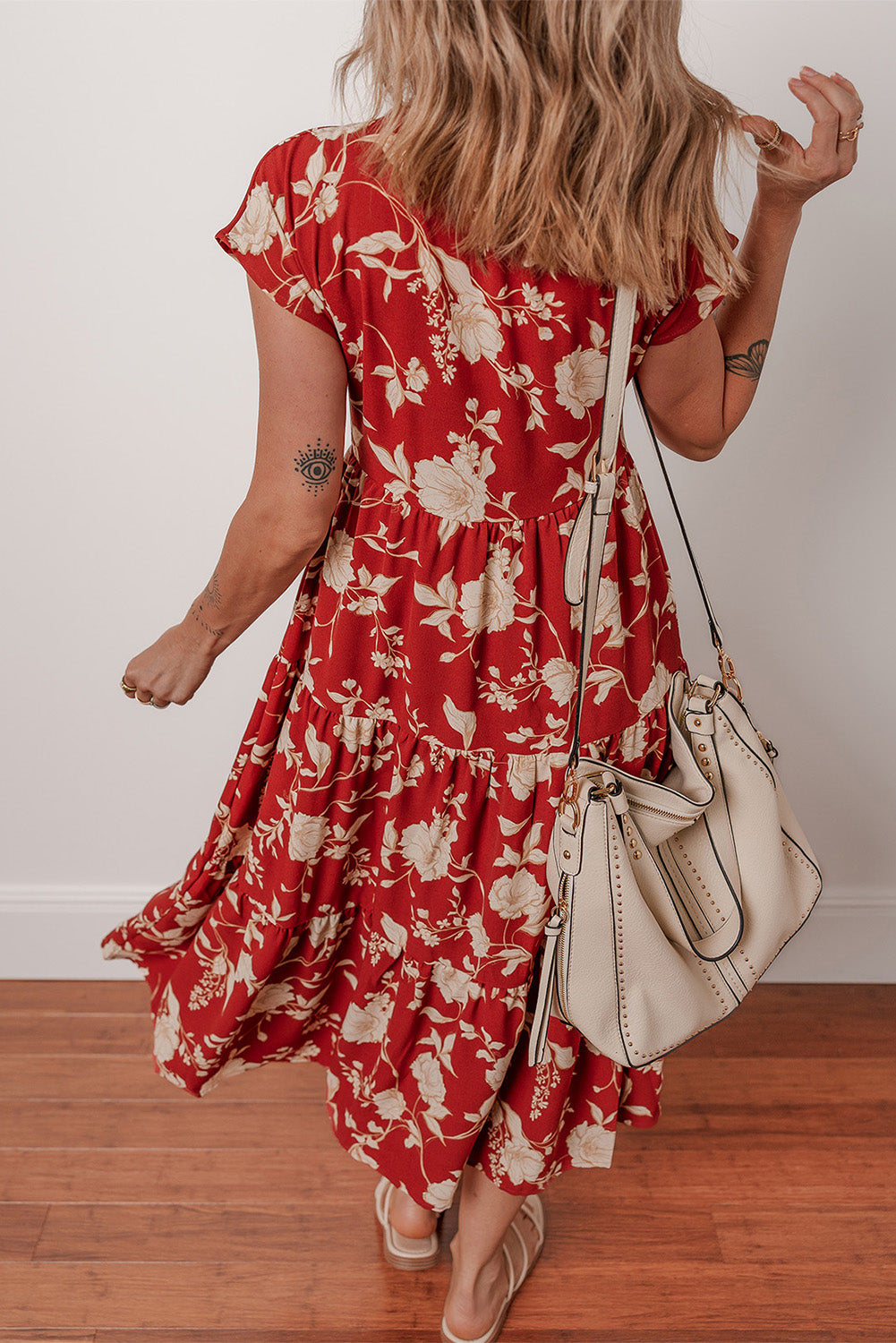 Red Floral Print Buttoned Front V Neck Tiered Short Sleeve Midi Dress-TOPS / DRESSES-[Adult]-[Female]-2022 Online Blue Zone Planet