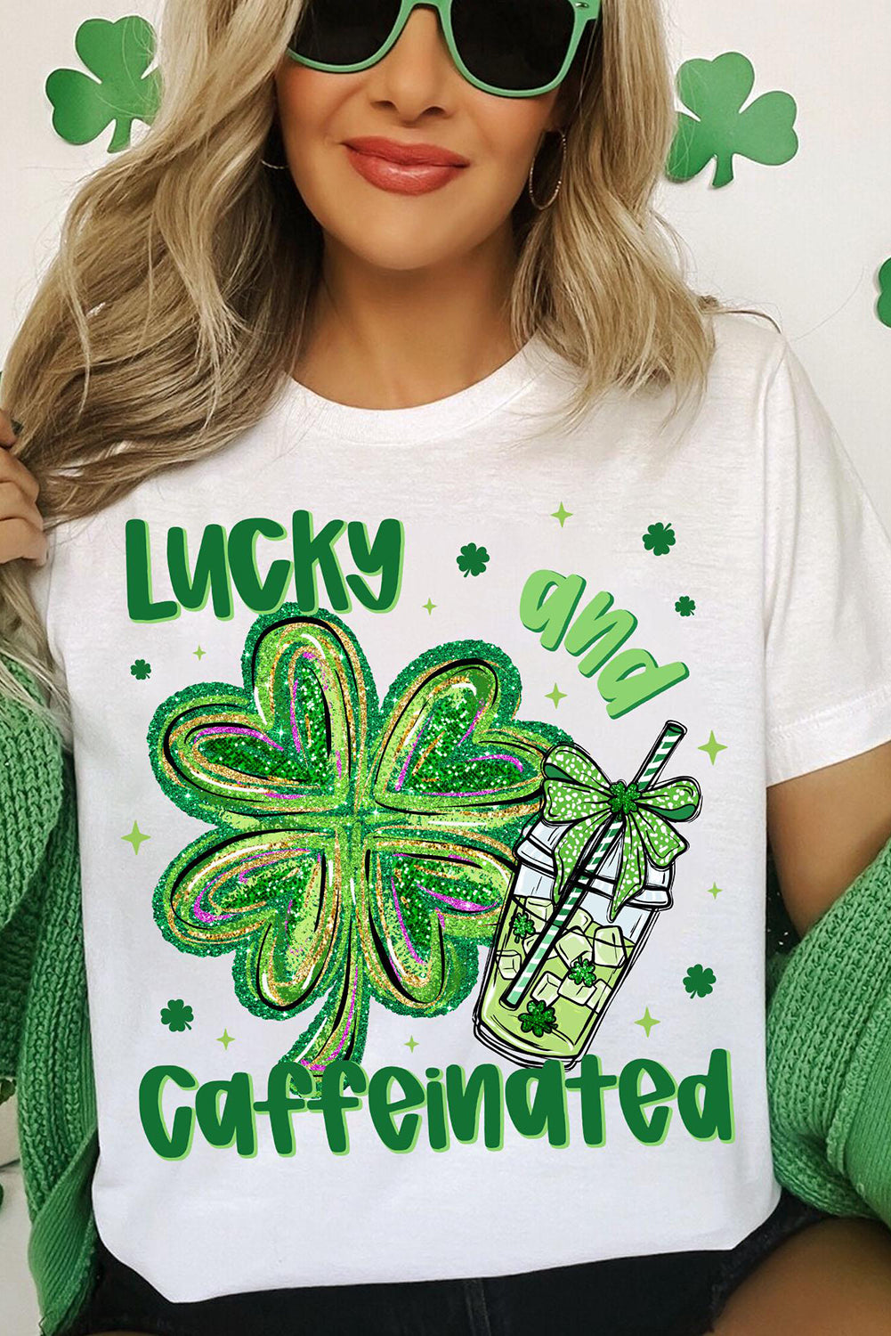 White Lucky And Caffeinated Clover Graphic St Patrick Tee