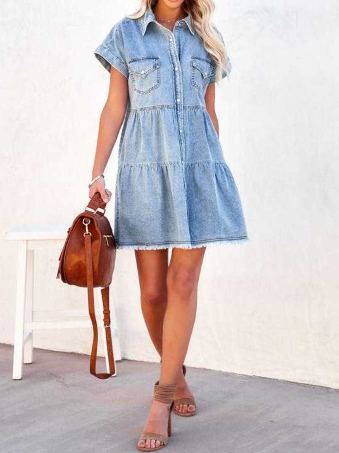 Raw Hem Short Sleeve Denim Dress-TOPS / DRESSES-[Adult]-[Female]-2022 Online Blue Zone Planet