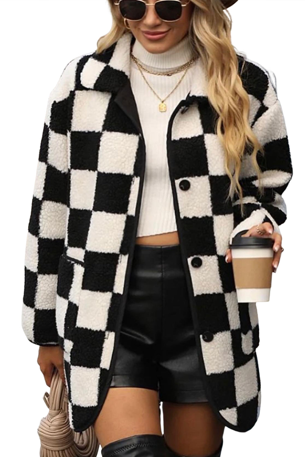 Black Checkered Side Pockets Collared Buttoned Fleece Jacket-Jackets-[Adult]-[Female]-2022 Online Blue Zone Planet