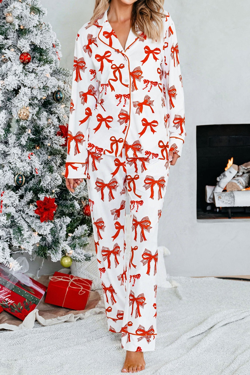 Red Christmas Bow Print Long 2pcs Pajama Set-Loungewear & Sleepwear/Sleepwear-[Adult]-[Female]-Red-S-2022 Online Blue Zone Planet