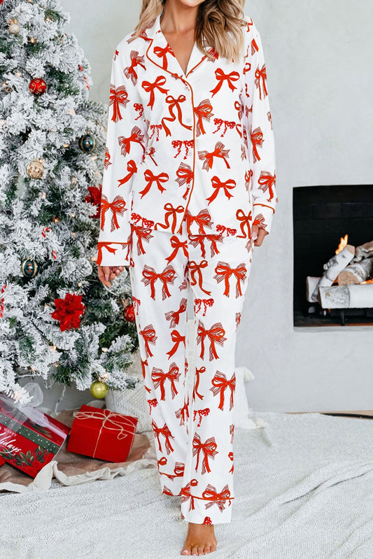 Red Christmas Bow Print Long 2pcs Pajama Set-Loungewear & Sleepwear/Sleepwear-[Adult]-[Female]-Red-S-2022 Online Blue Zone Planet