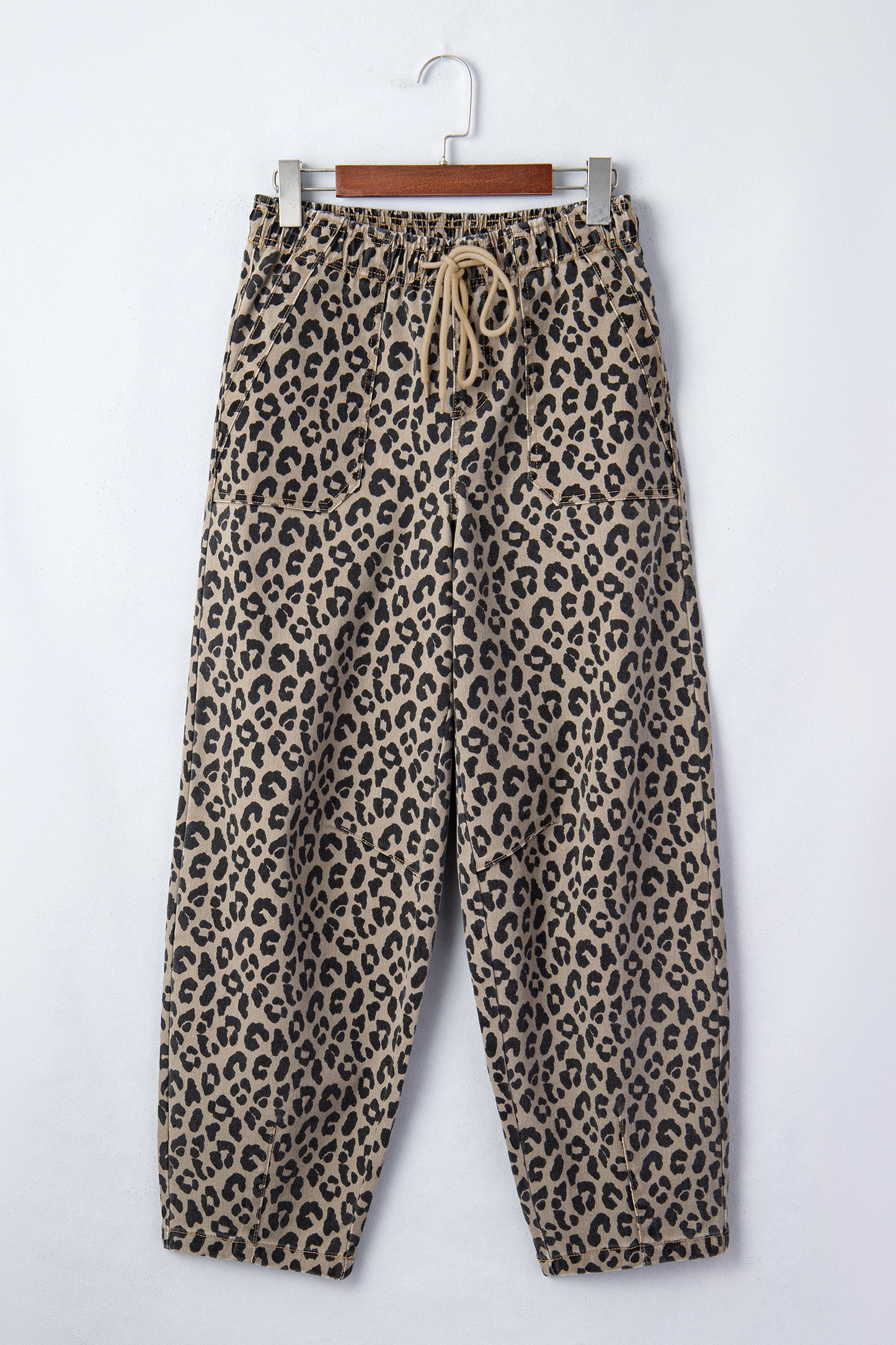 Khaki Leopard Print Drawstring Elastic Waist Loose Denim Pants with Pockets-Bottoms/Jeans-[Adult]-[Female]-2022 Online Blue Zone Planet