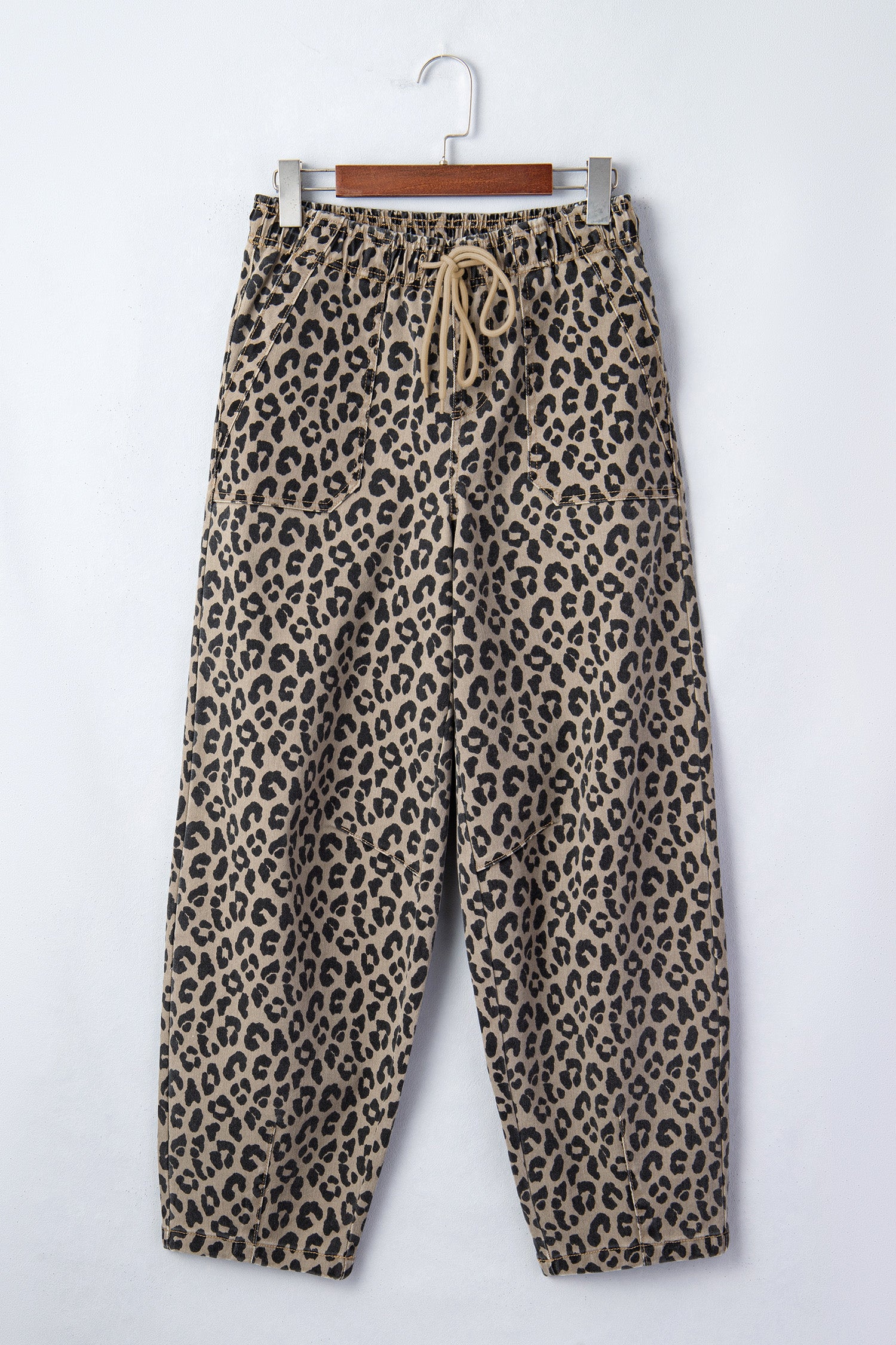 Khaki Leopard Print Drawstring Elastic Waist Loose Denim Pants with Pockets-Bottoms/Jeans-[Adult]-[Female]-2022 Online Blue Zone Planet