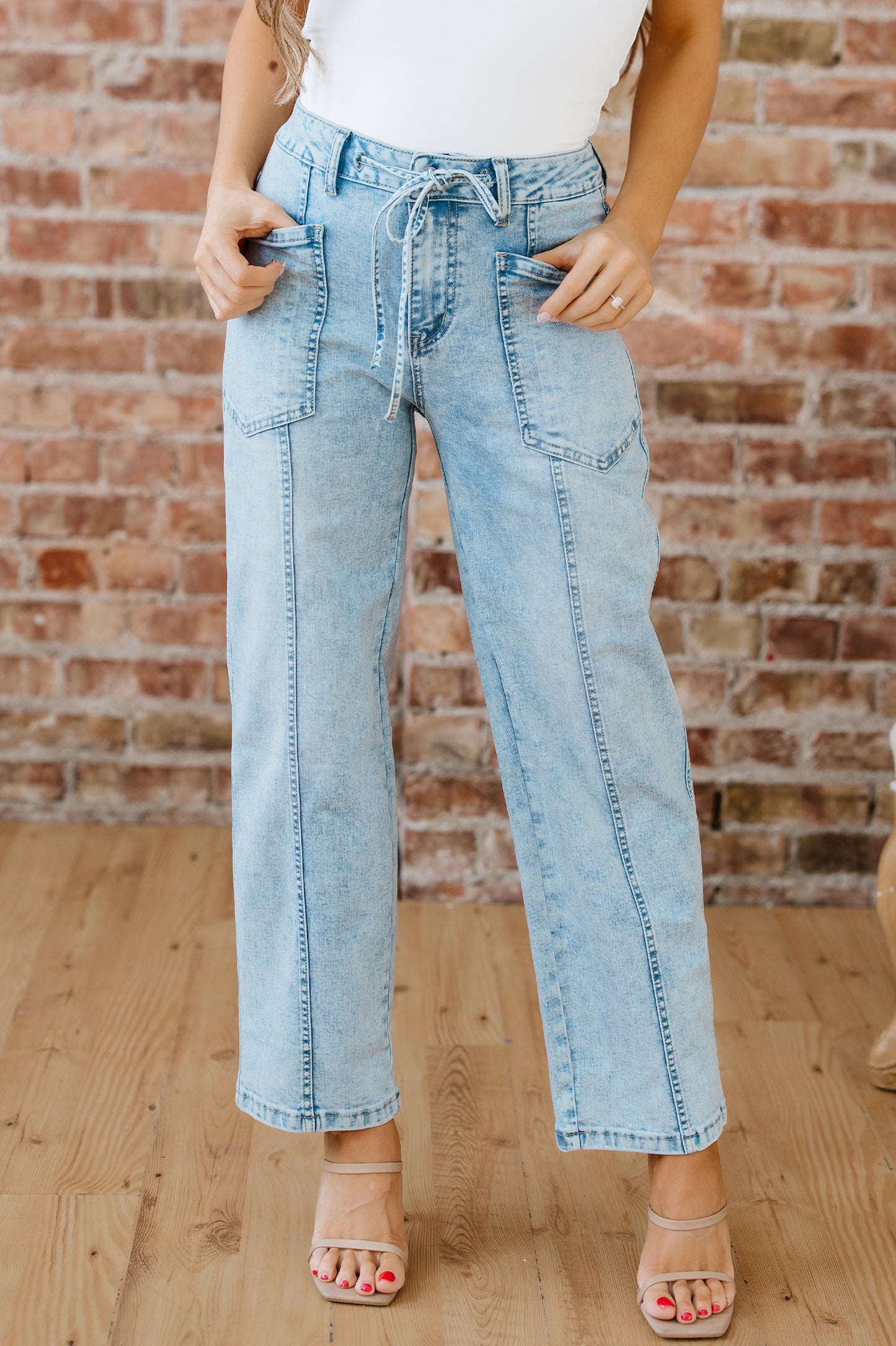 Myosotis Exposed Stitch Detail Drawstring Barrel Jeans-Bottoms/Jeans-[Adult]-[Female]-2022 Online Blue Zone Planet