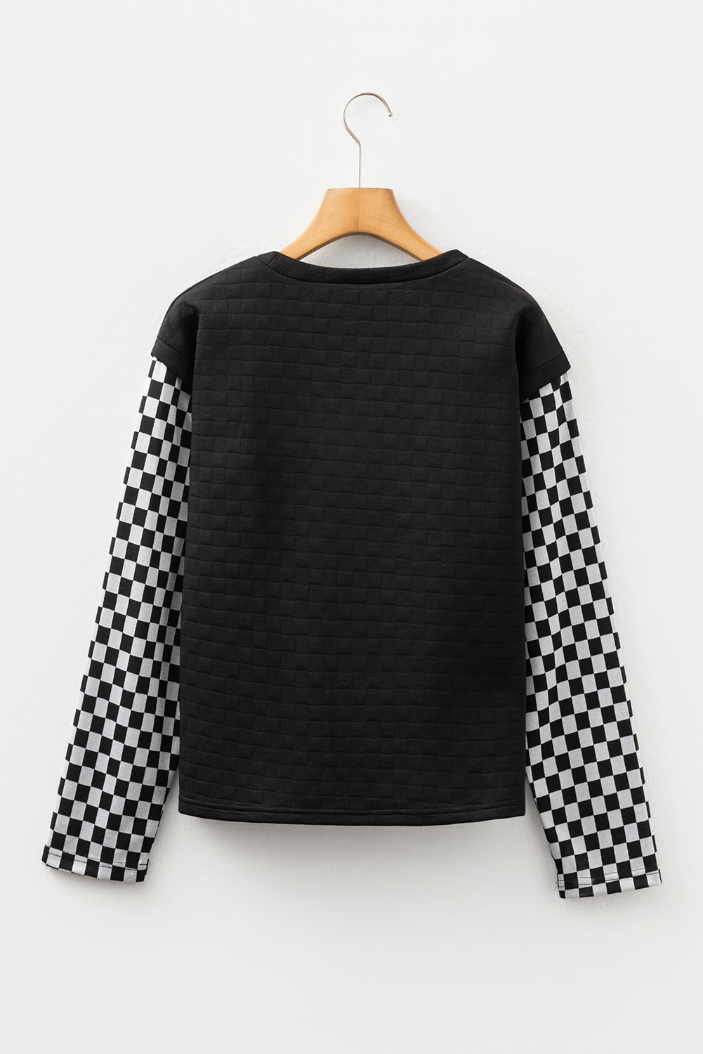 Black Plaid Textured Contrast Checkered Patchwork Long Sleeve Top-Tops/Long Sleeve Tops-[Adult]-[Female]-2022 Online Blue Zone Planet