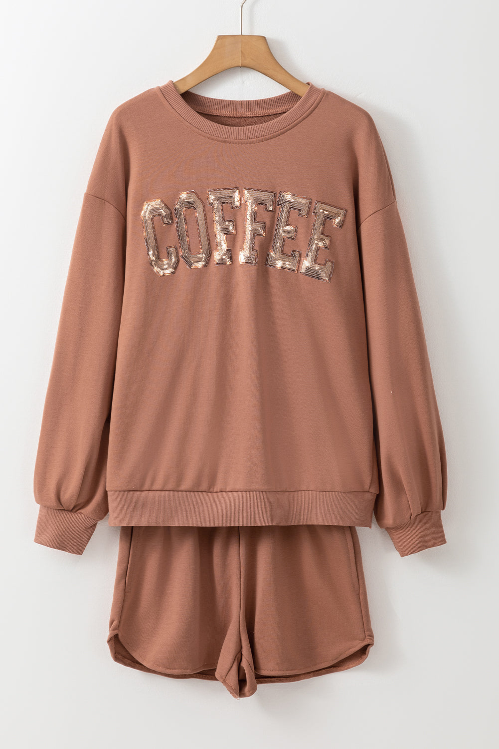 Straw Yellow Sequins COFFEE Loose Fit Sweatshirt and Shorts Set-Two Piece Shorts Sets-[Adult]-[Female]-2022 Online Blue Zone Planet