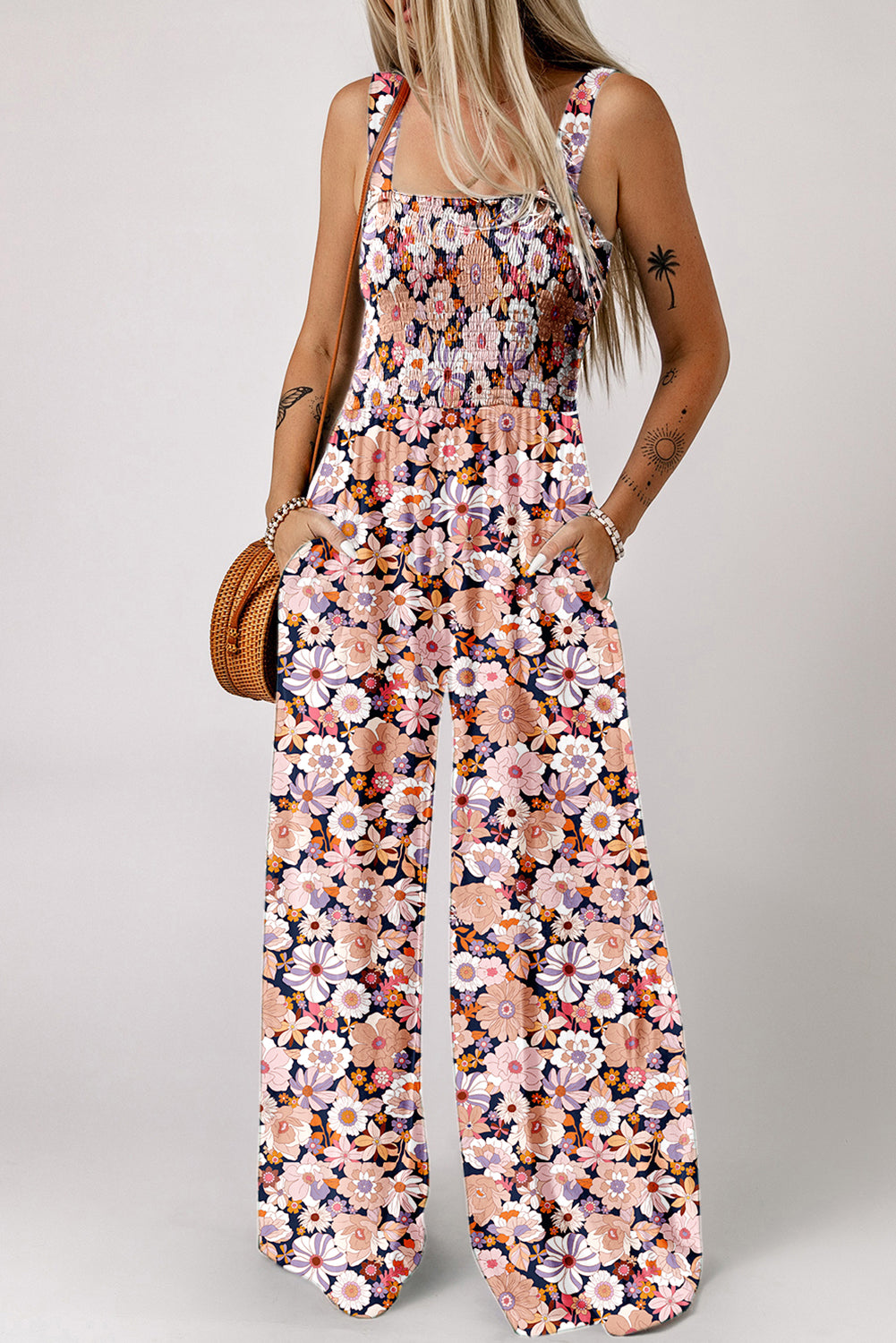 Blue Floral Square Neckline Stretch High Waist Jumpsuit-Jumpsuits-[Adult]-[Female]-Black-S-2022 Online Blue Zone Planet