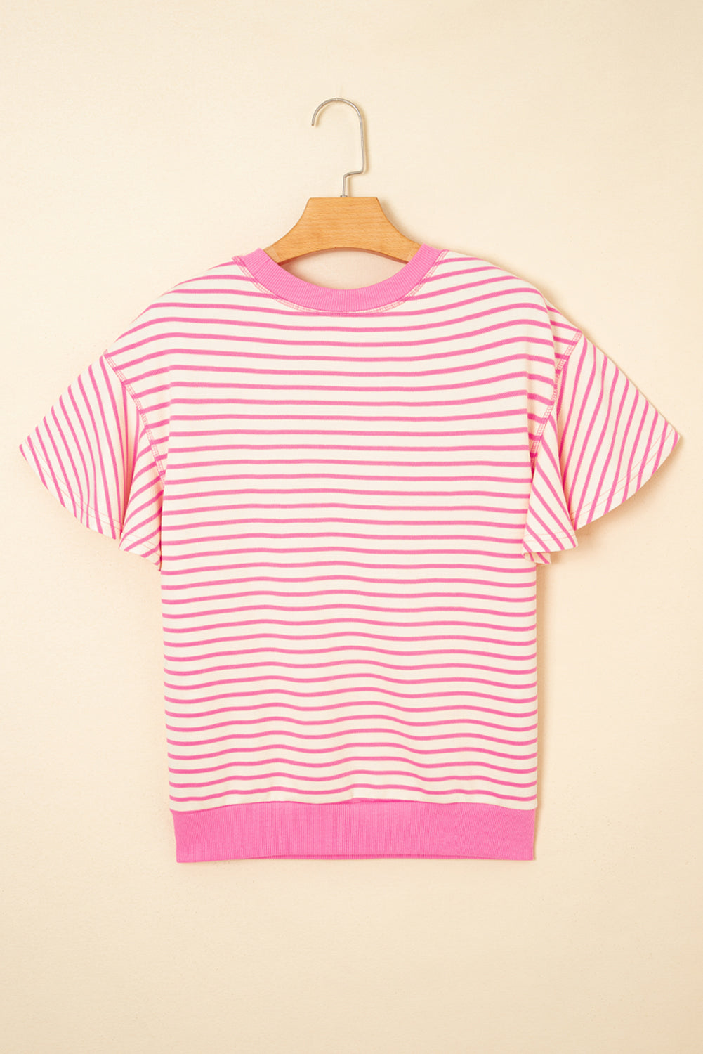 Sachet Pink Contrast Detail Striped Ruffle Short Sleeve Top-Tops/Tops & Tees-[Adult]-[Female]-2022 Online Blue Zone Planet