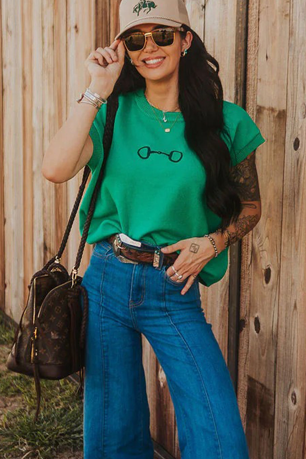 Bright Green Horse Bit Embroidered Loose Short Sleeve Sweater-TOPS / DRESSES-[Adult]-[Female]-2022 Online Blue Zone Planet