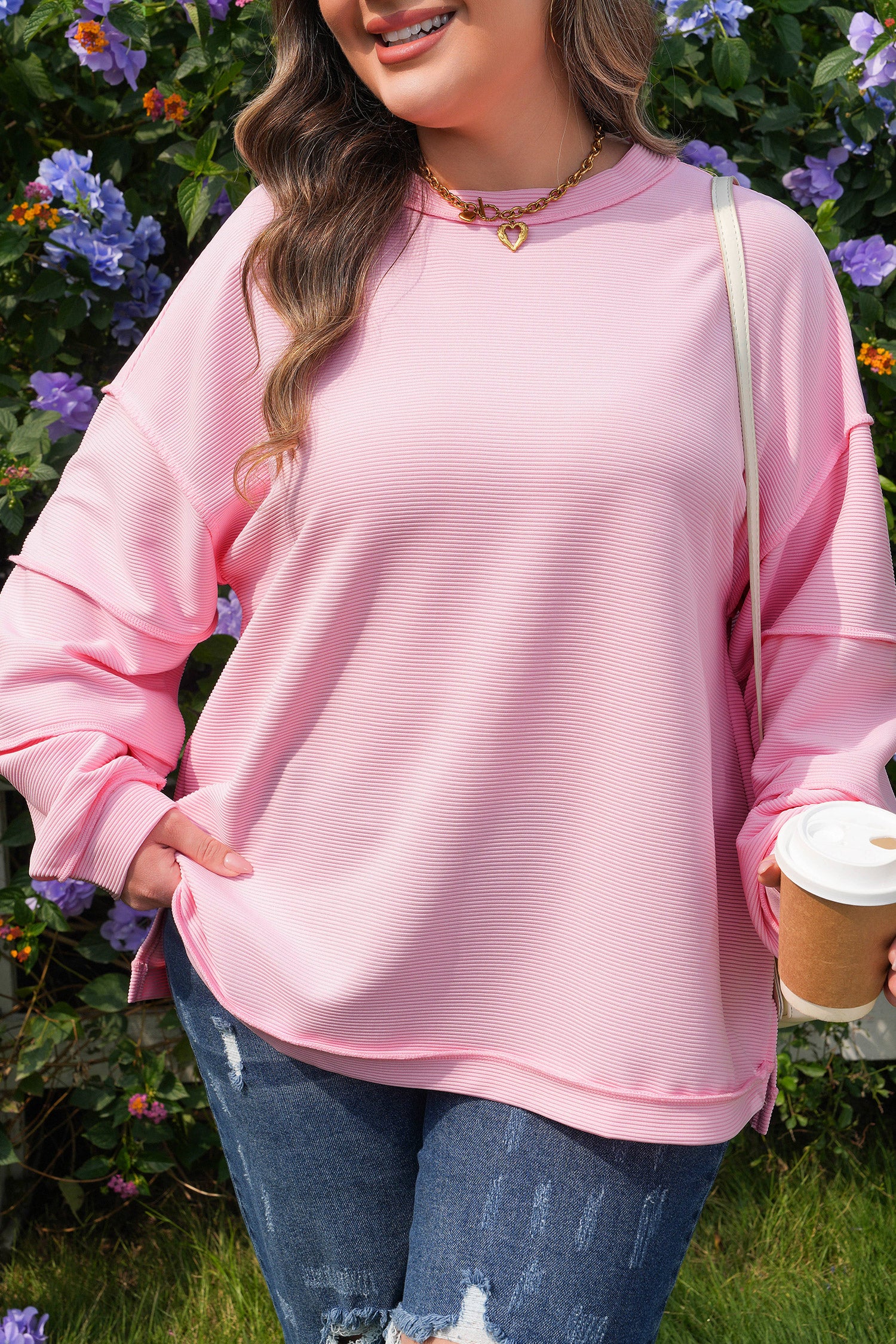 Pink Drop Shoulder Long Sleeve Plus Size Ribbed Top-Plus Size/Plus Size Tops/Plus Size Long Sleeve Tops-[Adult]-[Female]-2022 Online Blue Zone Planet