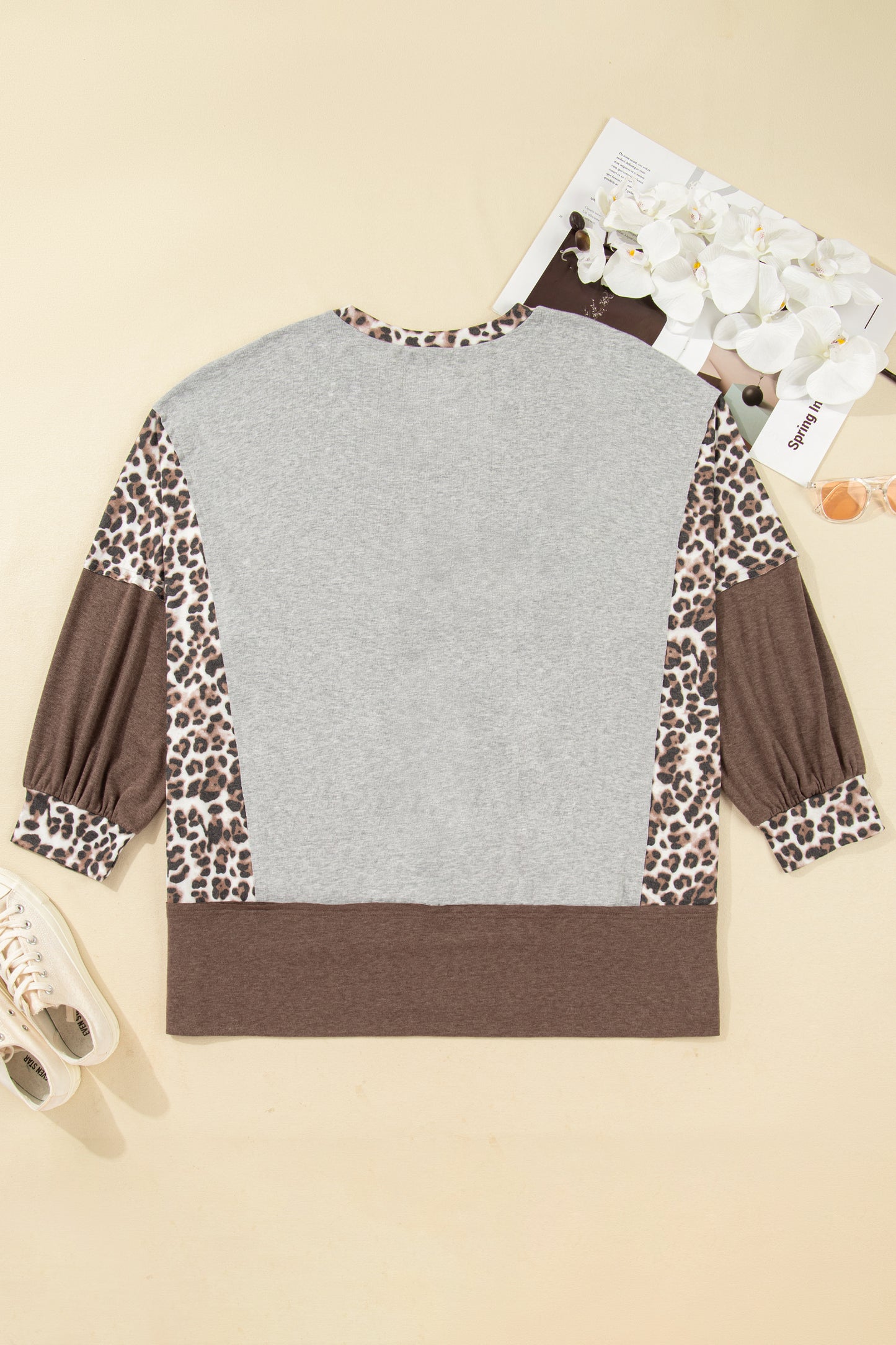 Gray Plus Size Leopard Color Block Patchwork Dolman Sweatshirt-Plus Size/Plus Size Sweatshirts & Hoodies-[Adult]-[Female]-2022 Online Blue Zone Planet