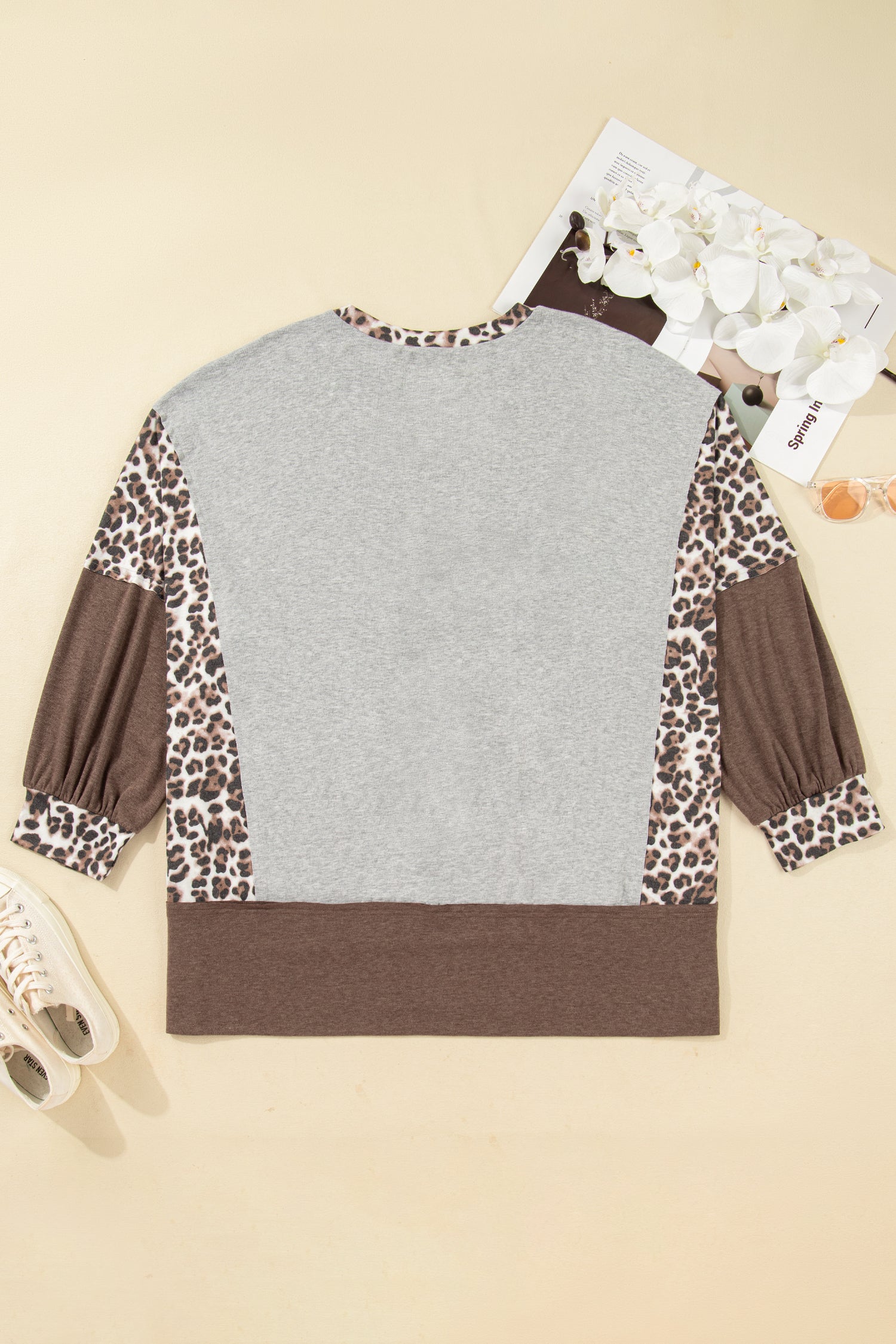Gray Plus Size Leopard Color Block Patchwork Dolman Sweatshirt-Plus Size/Plus Size Sweatshirts & Hoodies-[Adult]-[Female]-2022 Online Blue Zone Planet