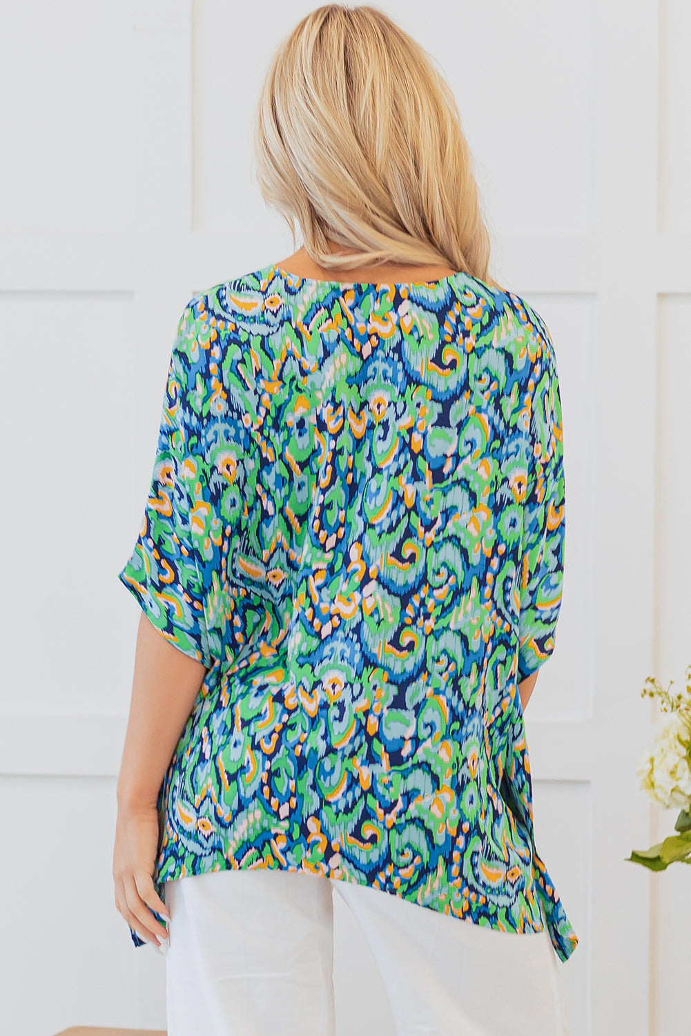 Green Abstract Print V Neck Half Sleeve Loose Fit Tunic Blouse-Tops/Blouses & Shirts-[Adult]-[Female]-2022 Online Blue Zone Planet