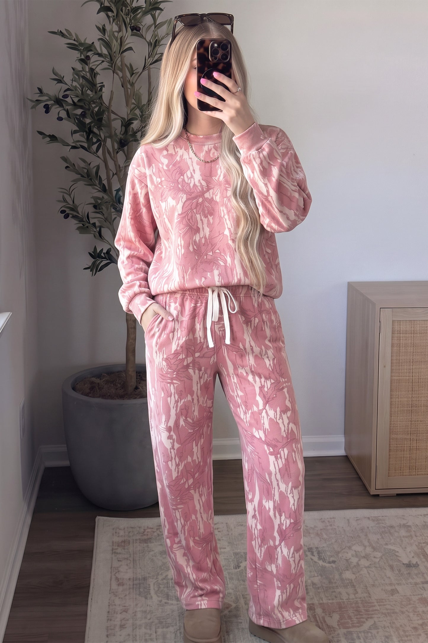 Pink Abstract Floral Print Loose Pullover Drawstring Pants 2pcs Set-Two Piece Sets/Pant Sets-[Adult]-[Female]-2022 Online Blue Zone Planet