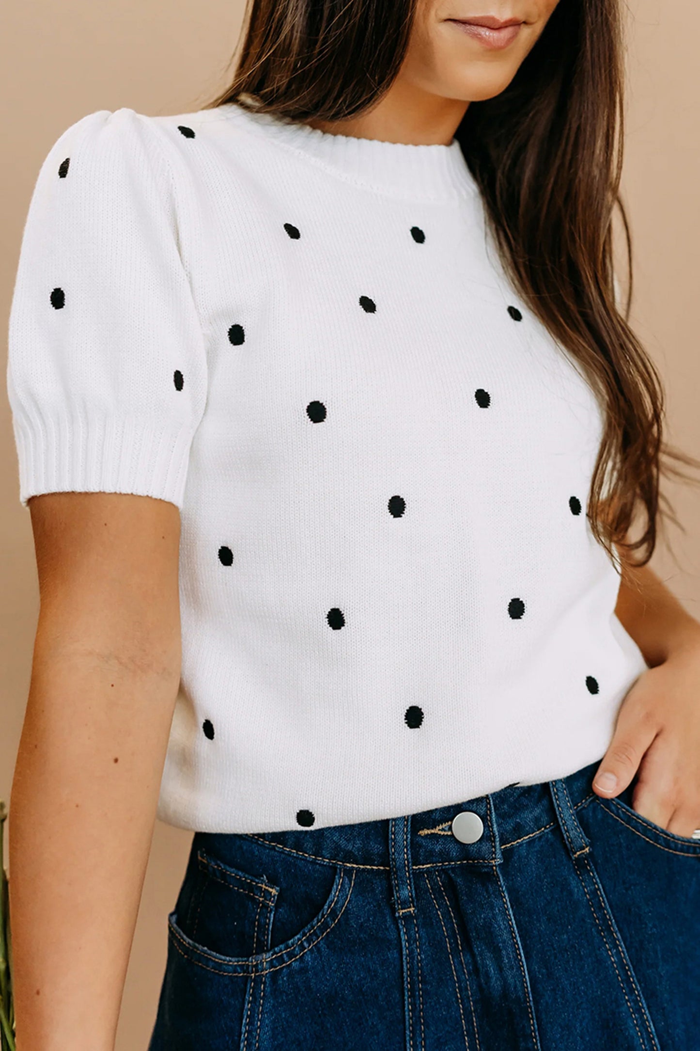 White Elegant Polka Dot Bubble Short Sleeve Sweater-TOPS / DRESSES-[Adult]-[Female]-2022 Online Blue Zone Planet