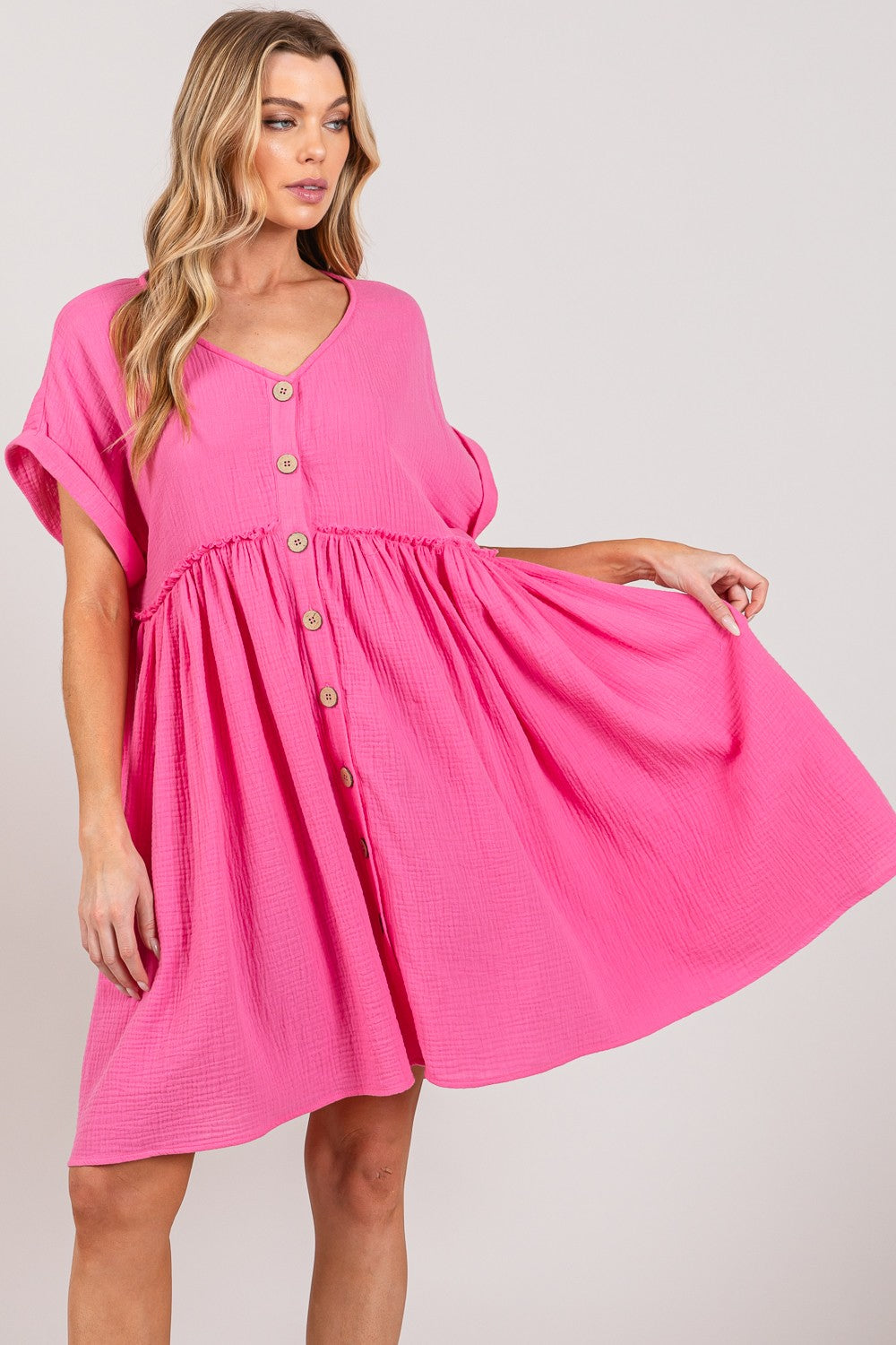 SAGE + FIG Button Up Short Sleeve Dress-TOPS / DRESSES-[Adult]-[Female]-Pink-S-2022 Online Blue Zone Planet