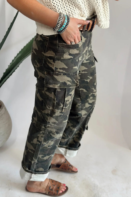 Green Camouflage Print Multi Pocketed Womens Denim Pants-Bottoms/Pants & Culotte-[Adult]-[Female]-2022 Online Blue Zone Planet