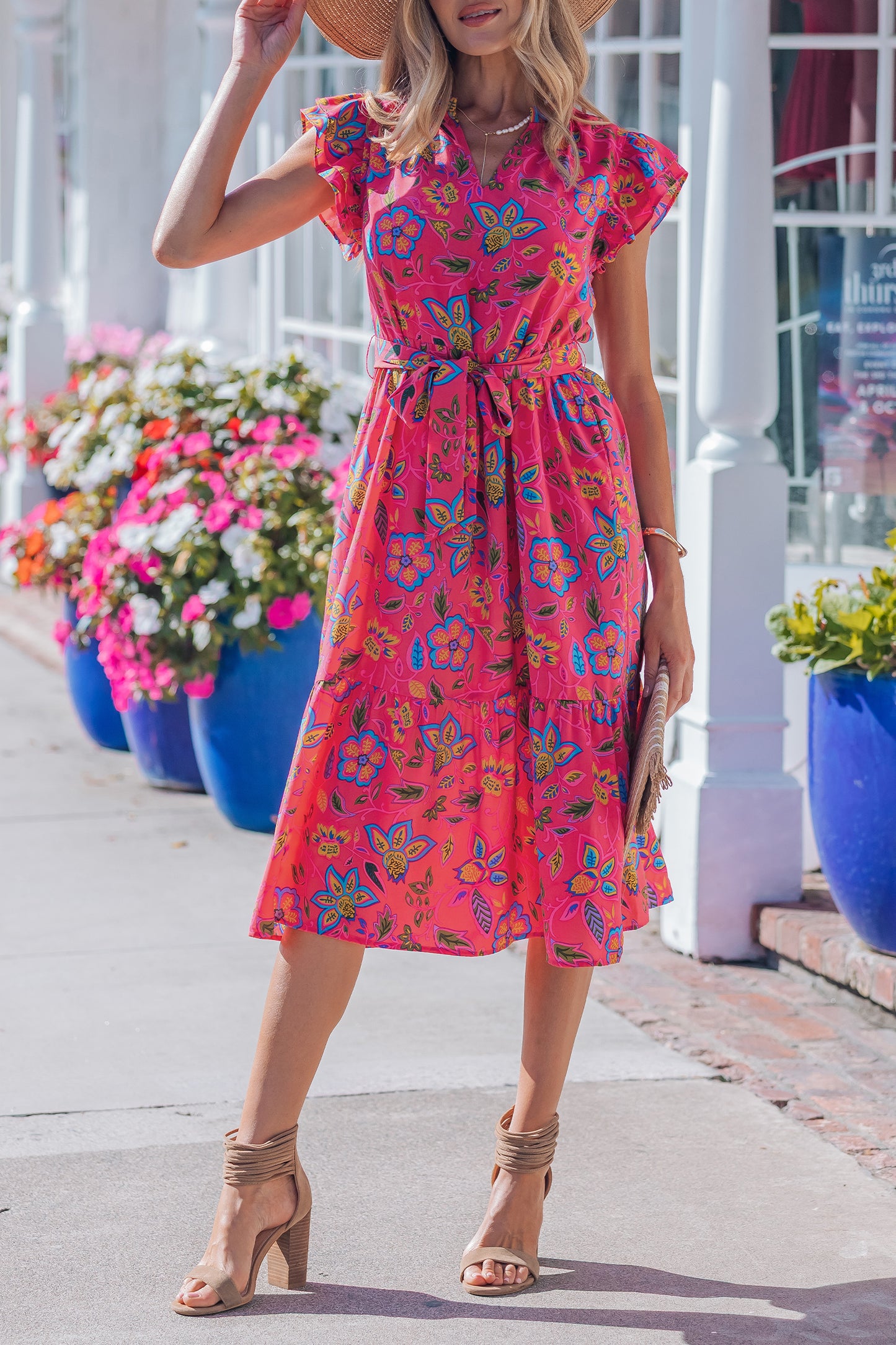 Rose Flutter Sleeve Belted Floral Long Dress-TOPS / DRESSES-[Adult]-[Female]-2022 Online Blue Zone Planet
