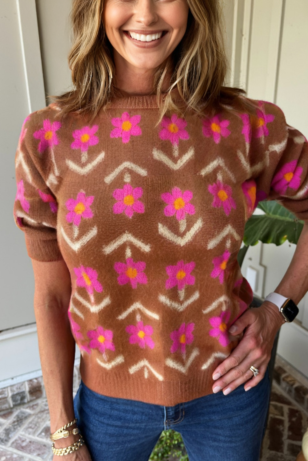 Brown Floral Short Puff Sleeve Sweater-TOPS / DRESSES-[Adult]-[Female]-2022 Online Blue Zone Planet