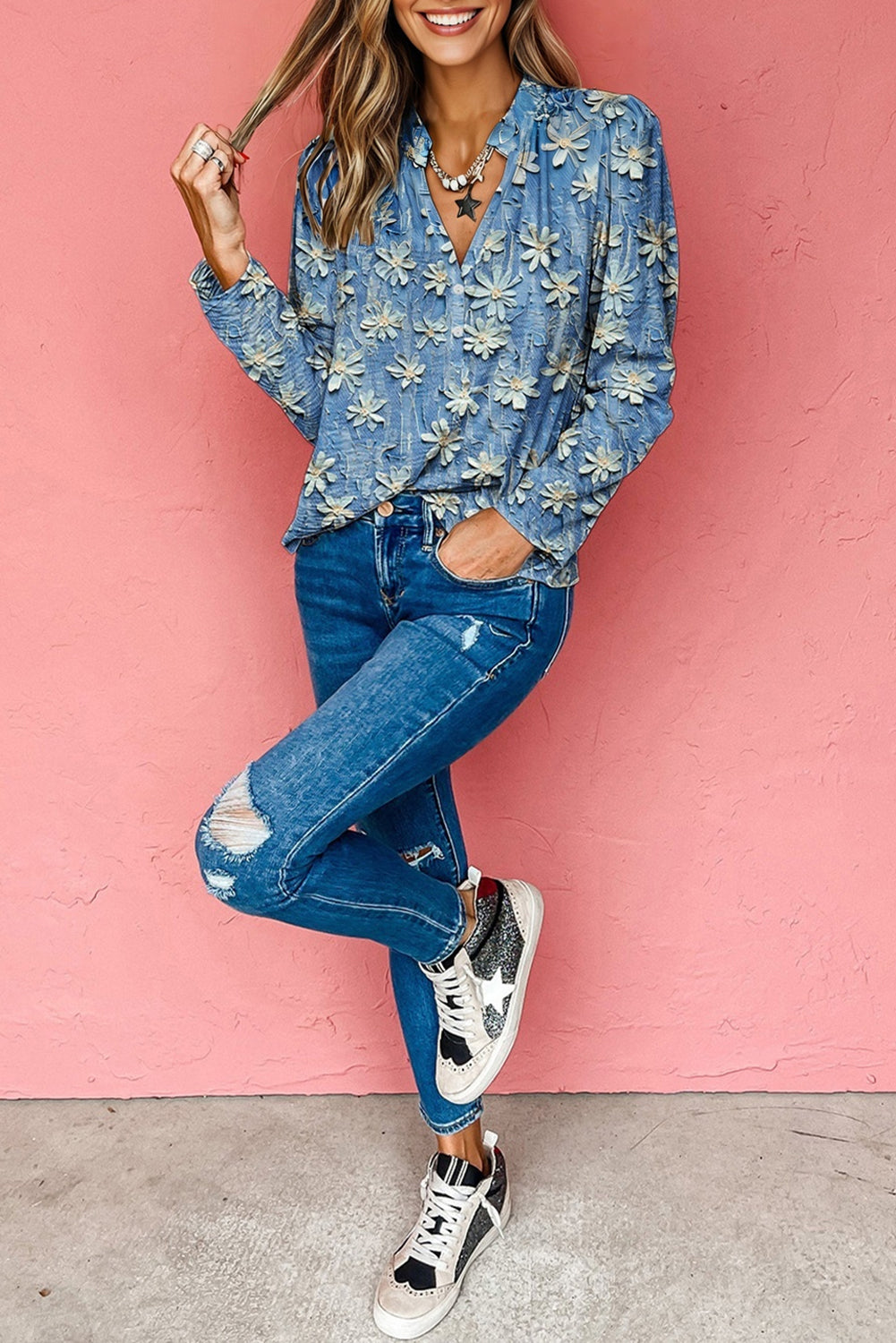 Sky Blue Fall Floral Half Placket Collared V Neck Blouse-Tops/Blouses & Shirts-[Adult]-[Female]-2022 Online Blue Zone Planet
